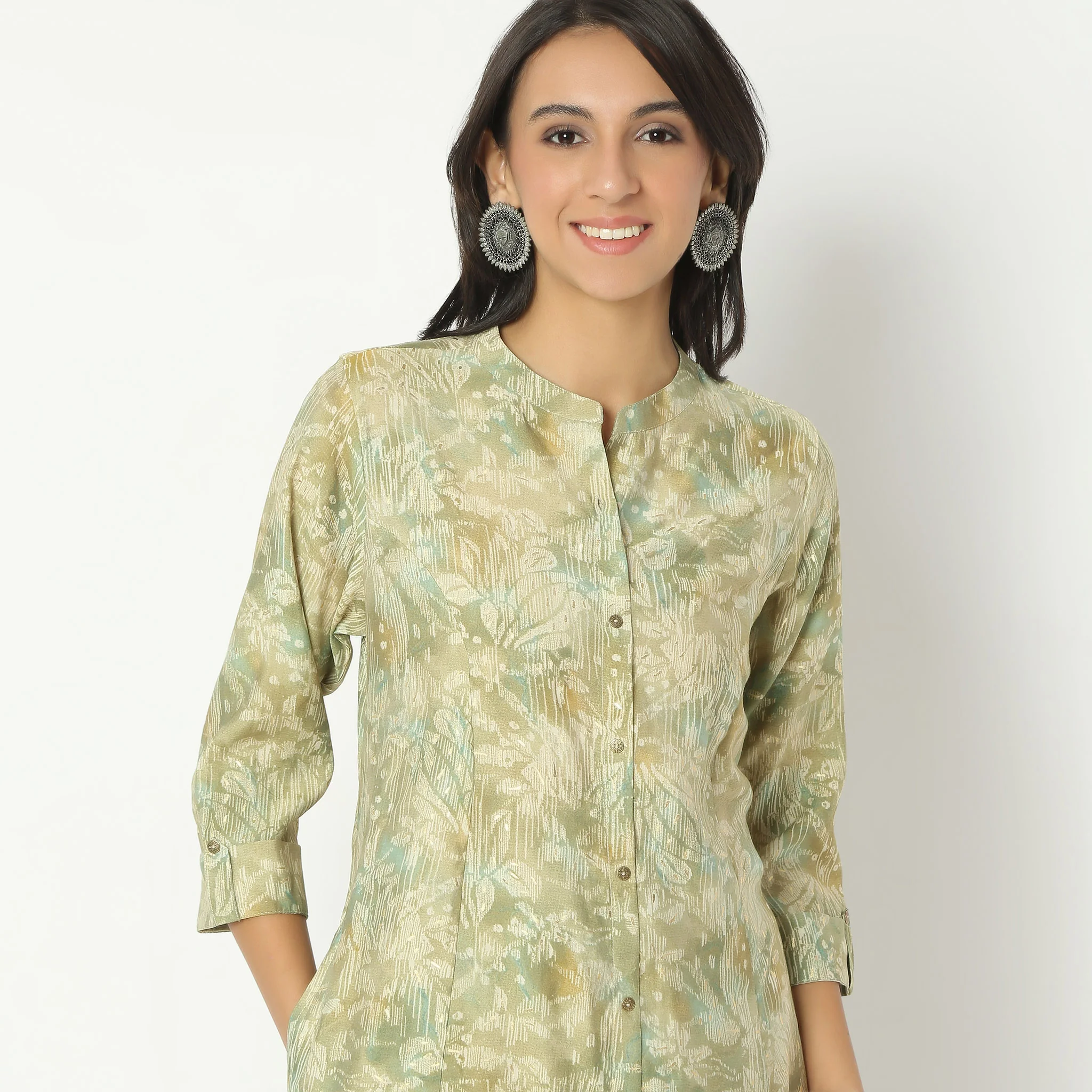Floral Print Band Collar Kurta With Pant Set - Image 4