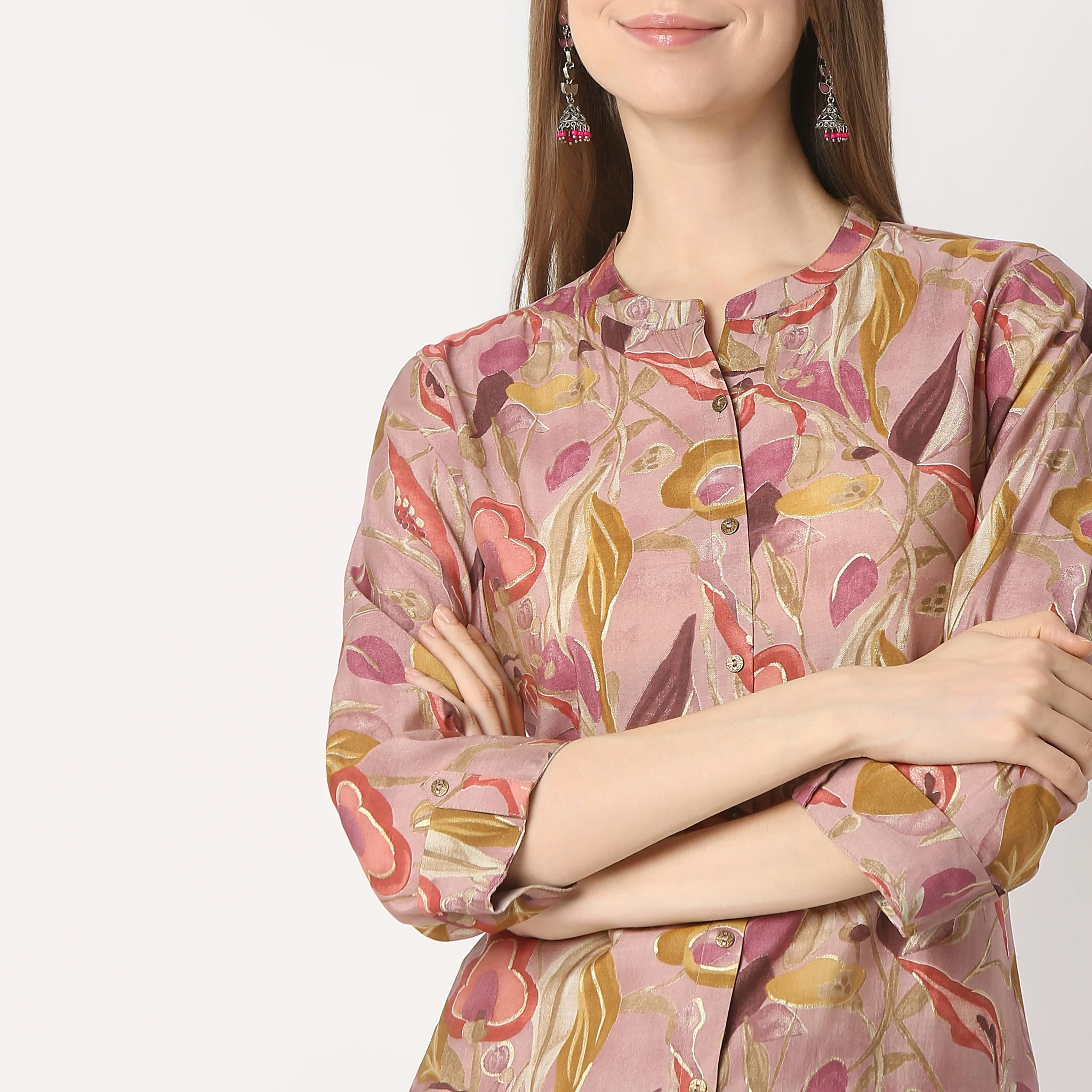 Printed Band Collar Straight Kurta With Pant Set - Image 4