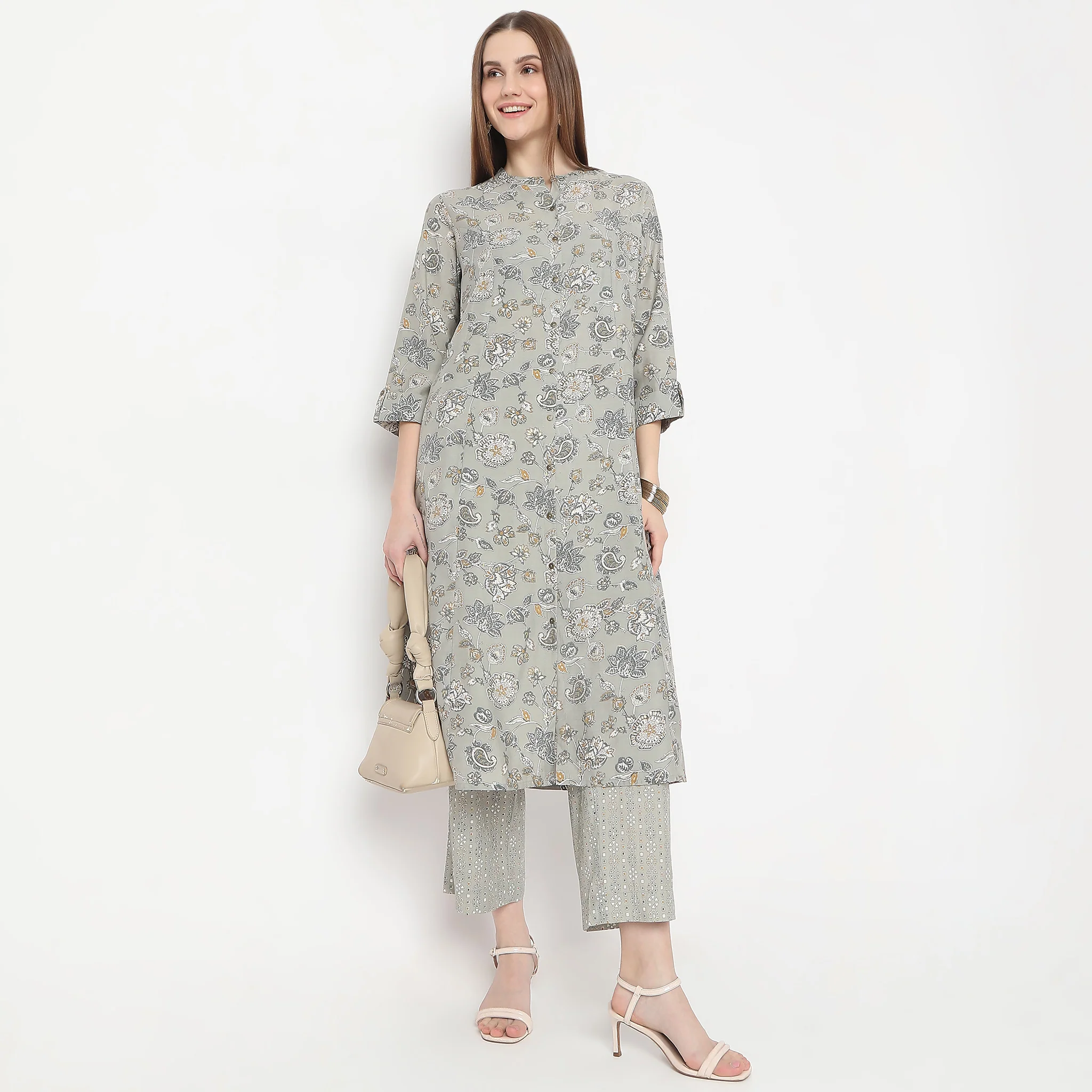 Floral Print Calf Length A-Line Kurta With Pant Set - Image 8