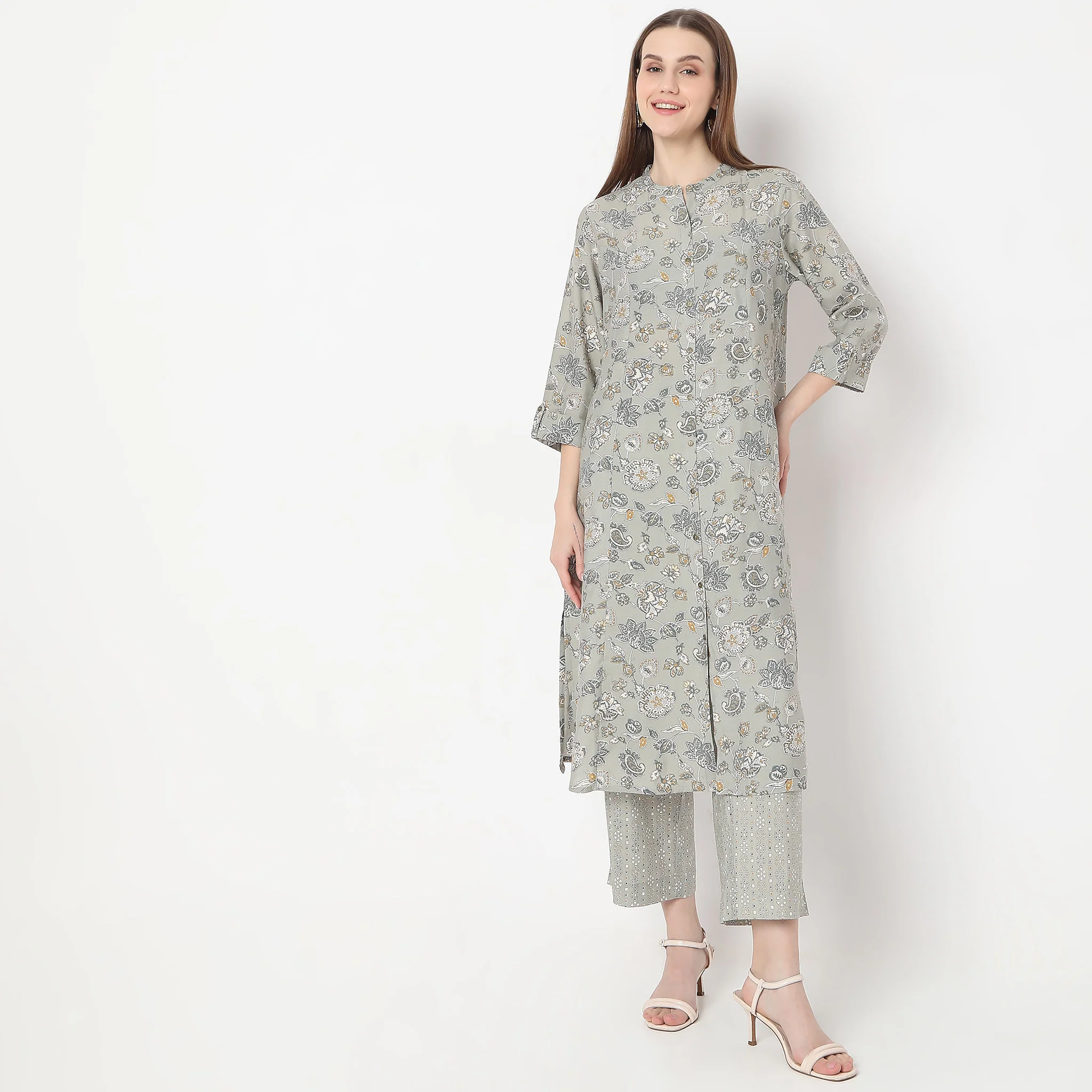 Floral Print Calf Length A-Line Kurta With Pant Set - Image 9