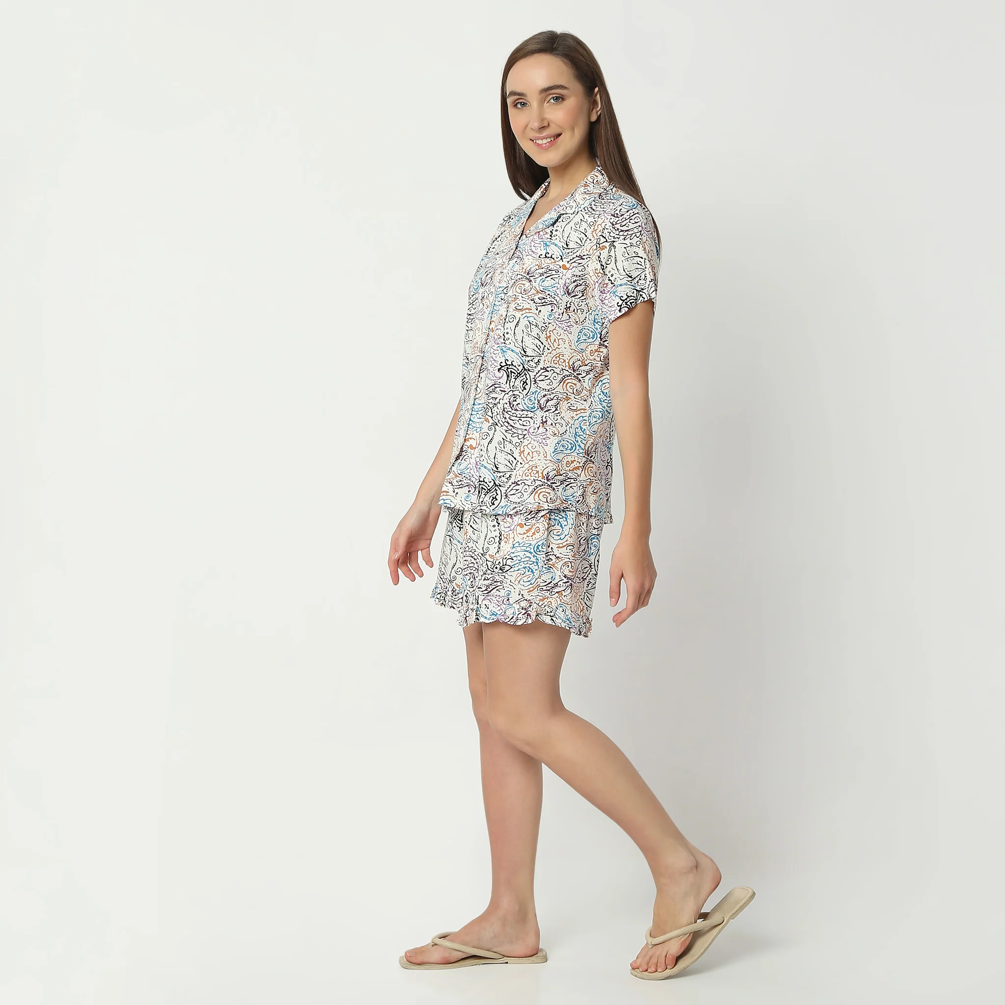 Printed Camp Collar Short Sleeve Shirt With Shorts Sleepwear Set - Image 5