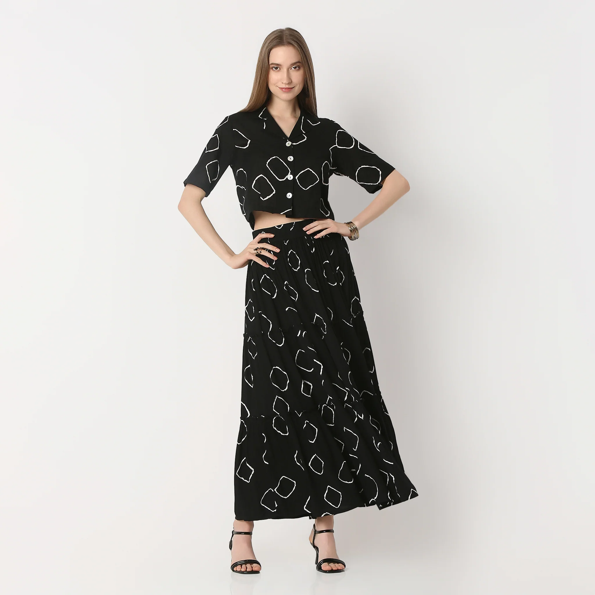 Printed Lapel Collar Short Sleeve Crop Top
