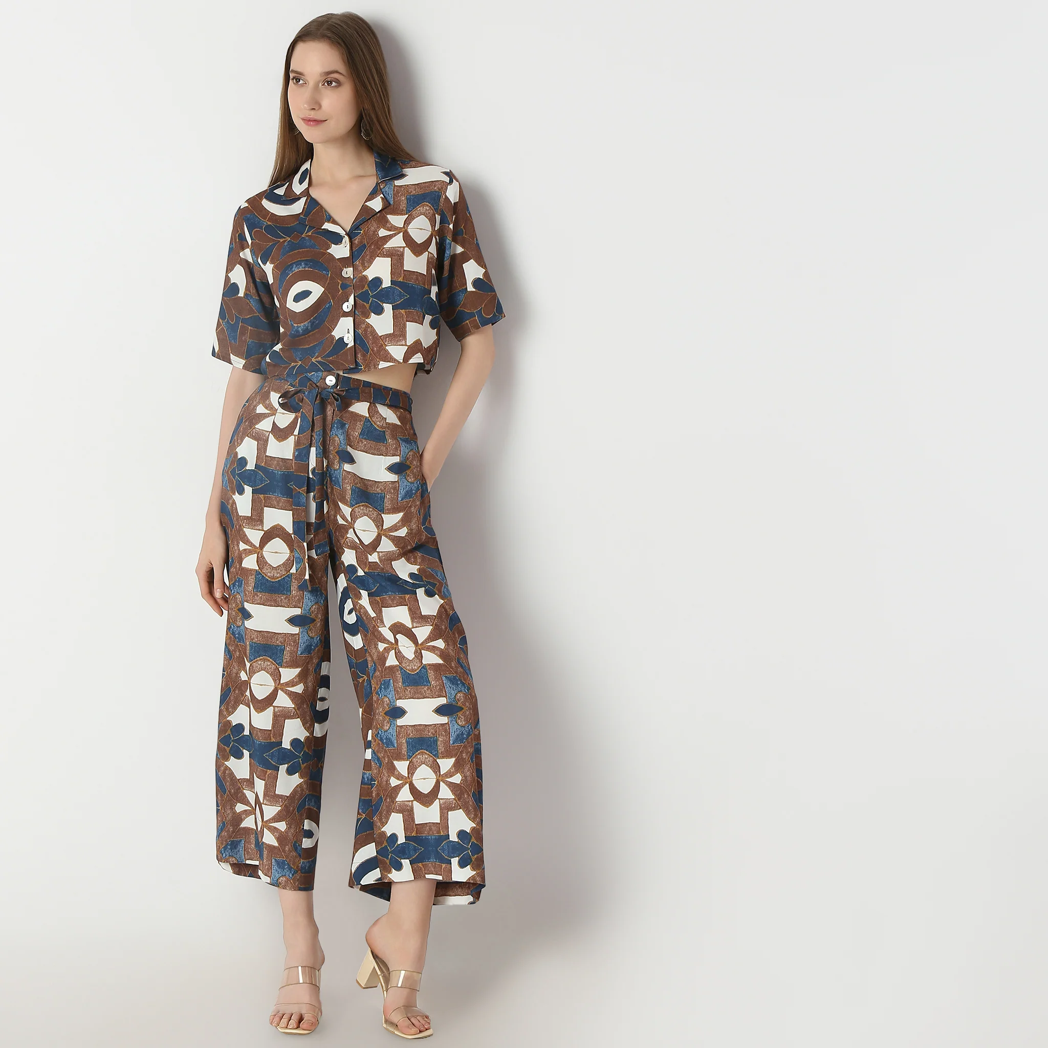 Printed Lapel Collar Short Sleeve Crop Top
