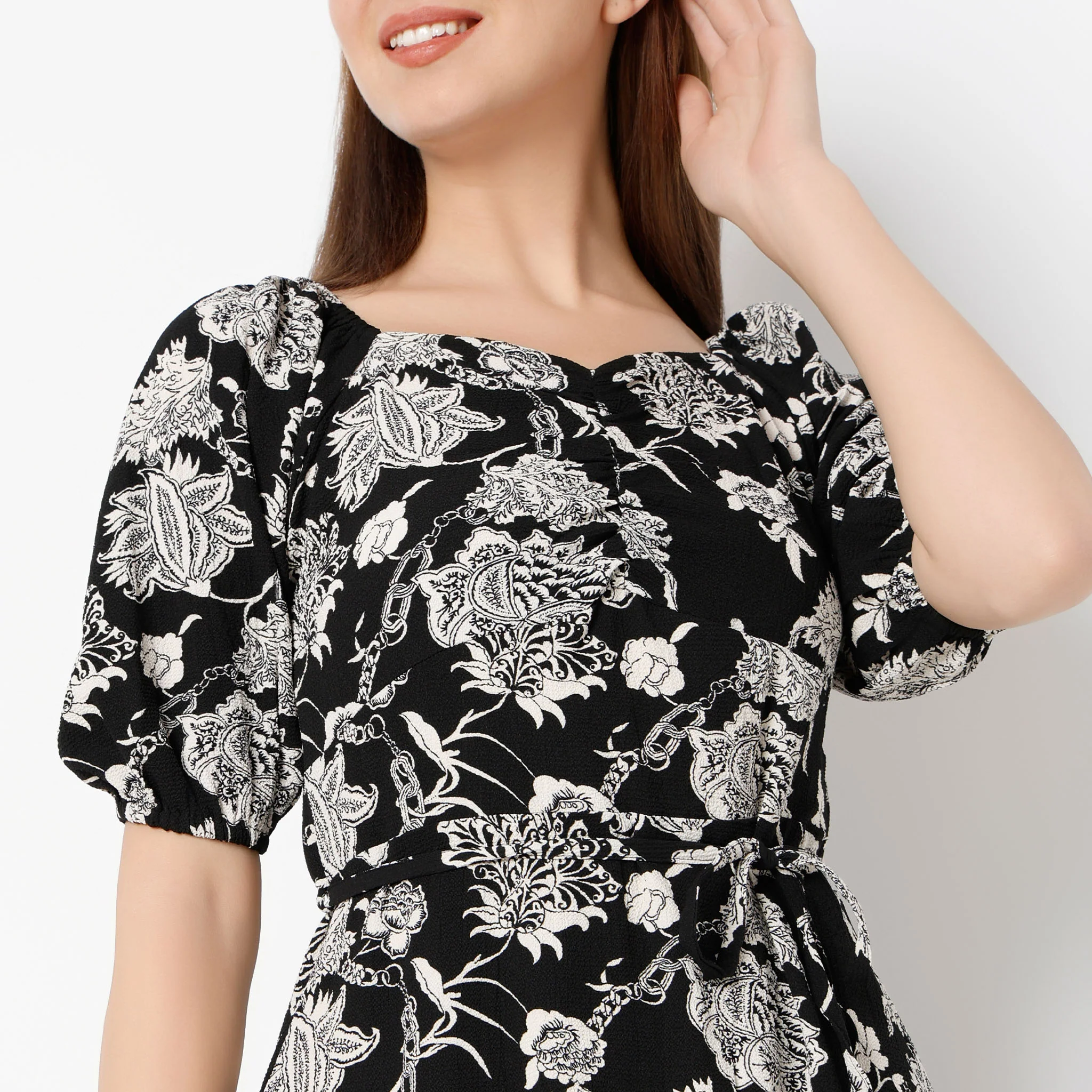 Floral Print Sweetheart Neck Knee Length Dress - Image 15