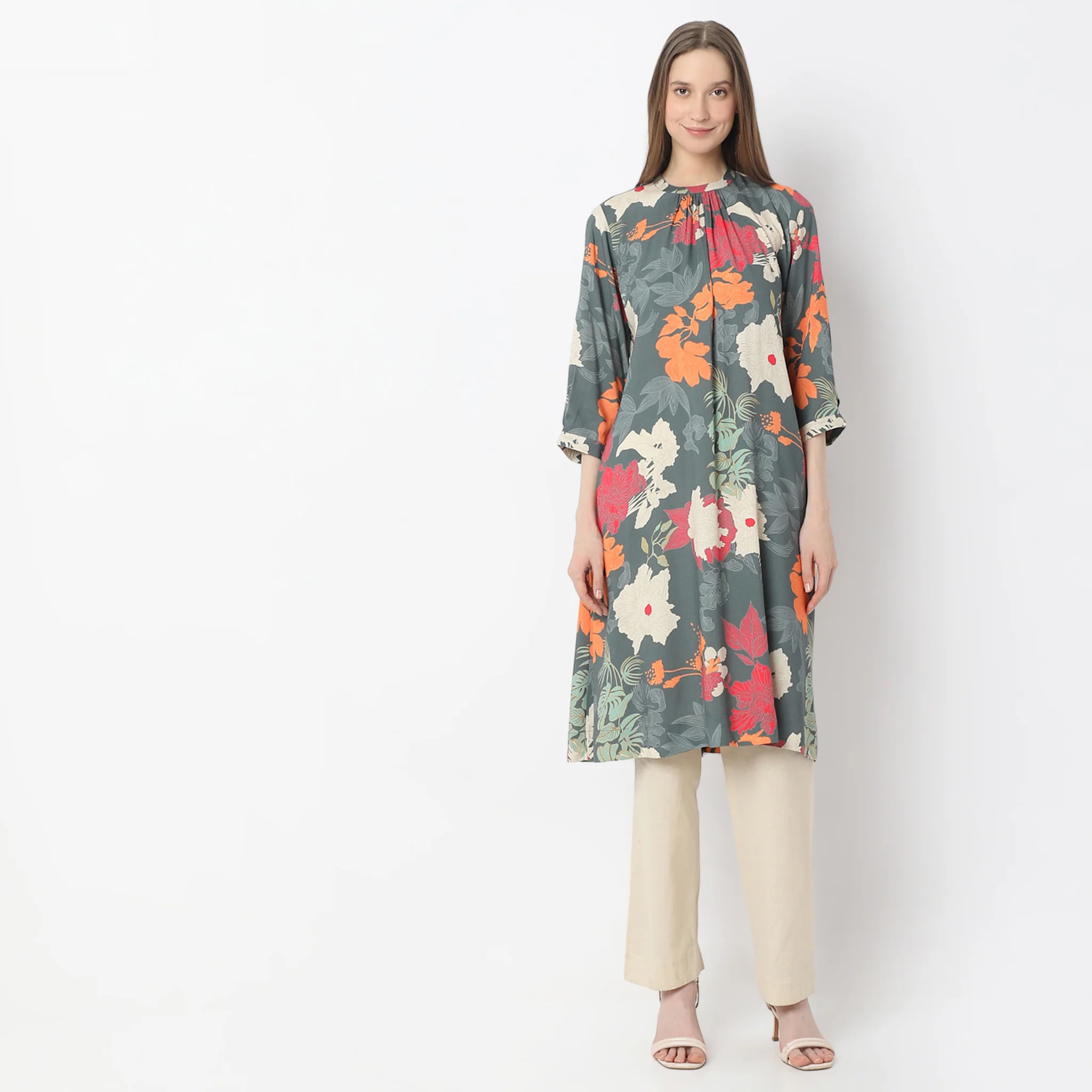 Printed Knee Length Band Neck Straight Kurta - Image 7