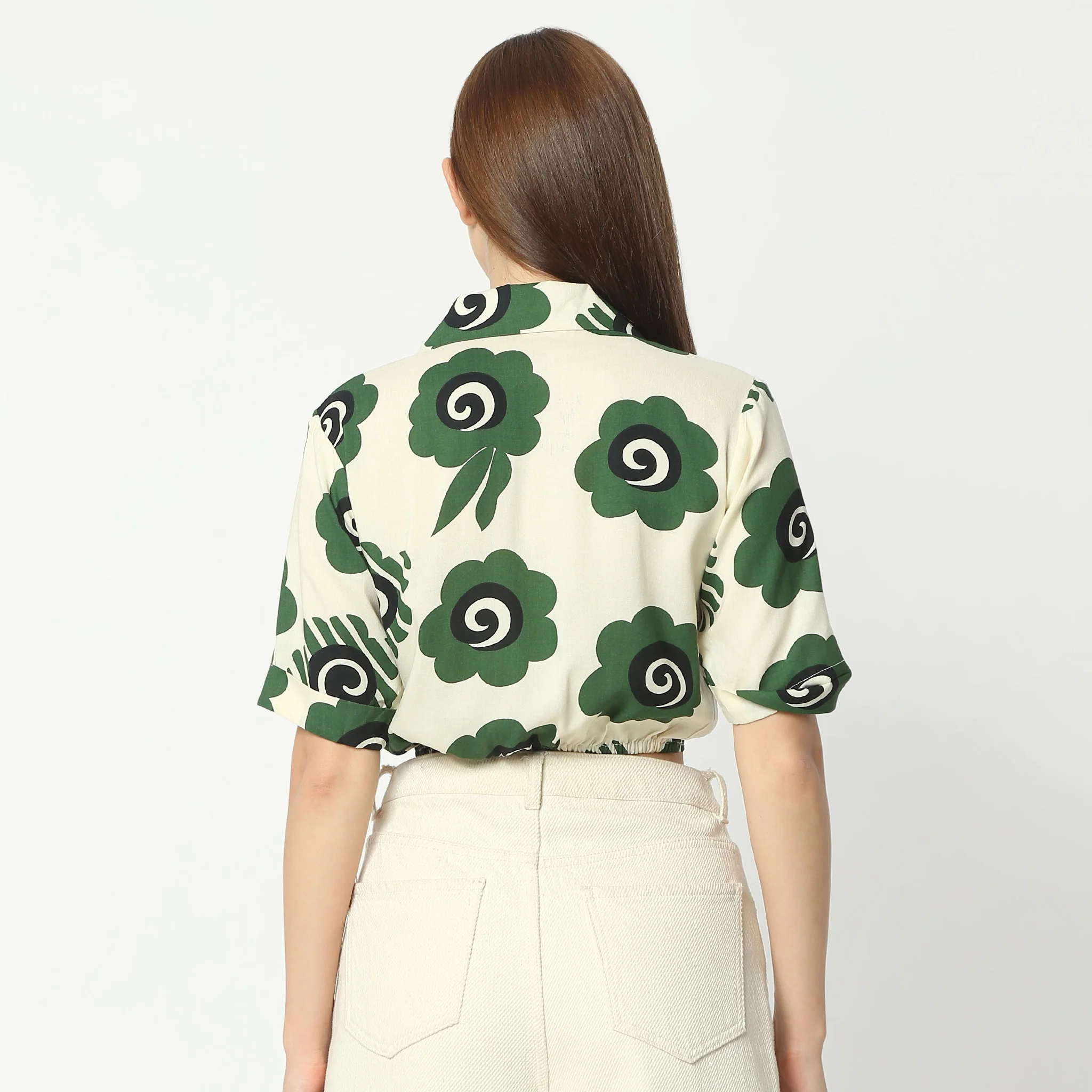 Printed Lapel Collar Short Sleeve Crop Top - Image 3