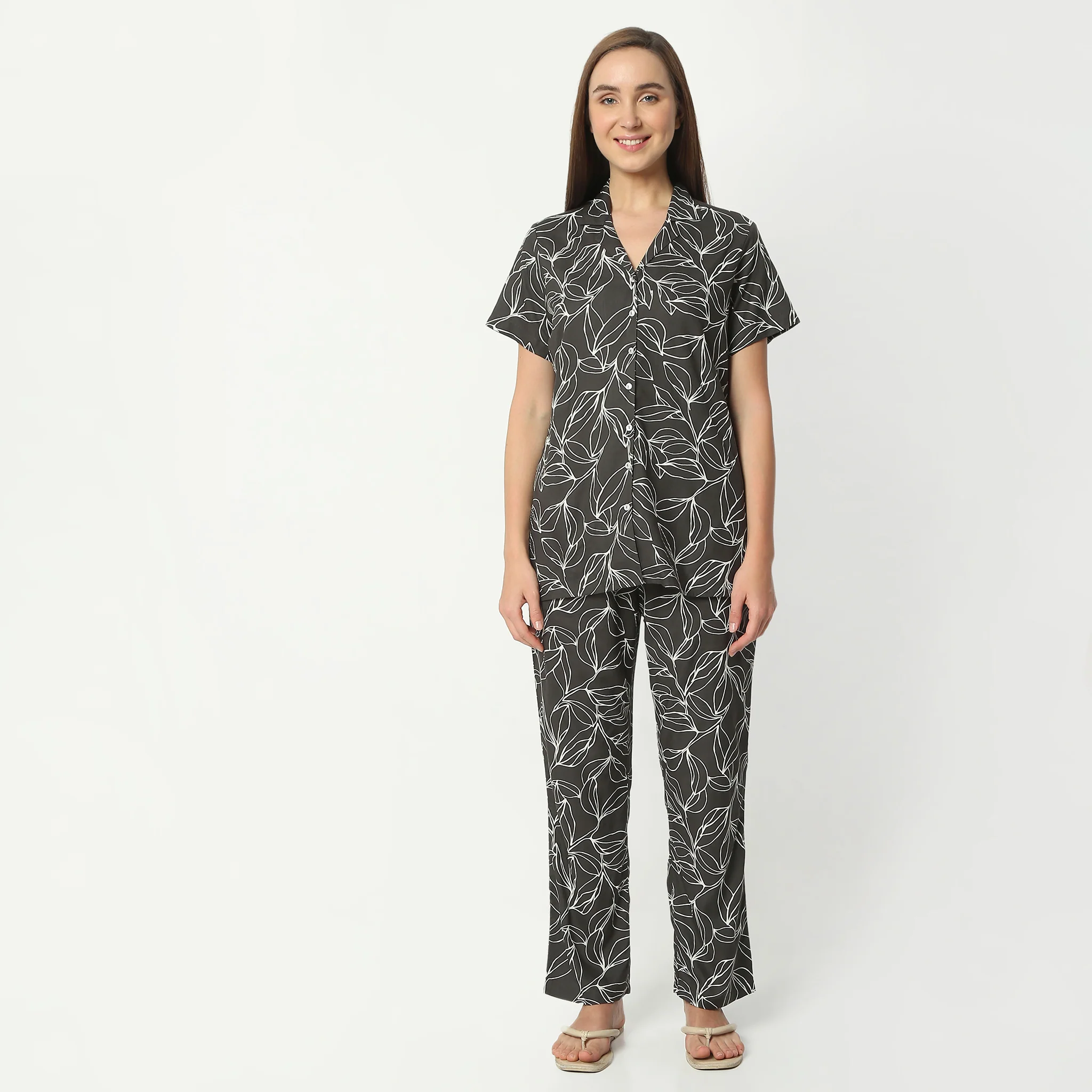 Printed Lapel Collar Short Sleeve Shirt With Pyjama Sleepwear Set - Image 2