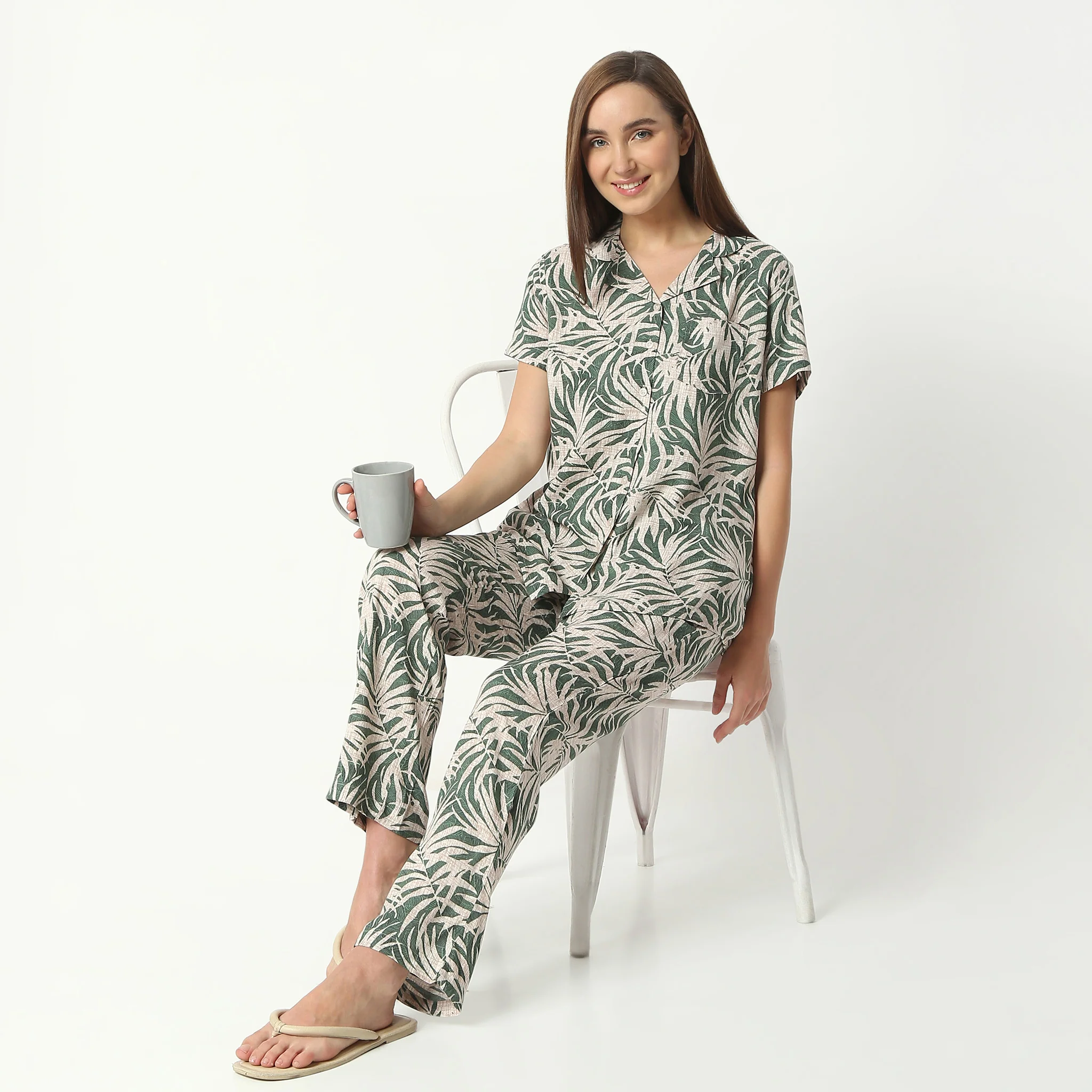 Printed Lapel Collar Short Sleeve Shirt With Pyjama Sleepwear Set