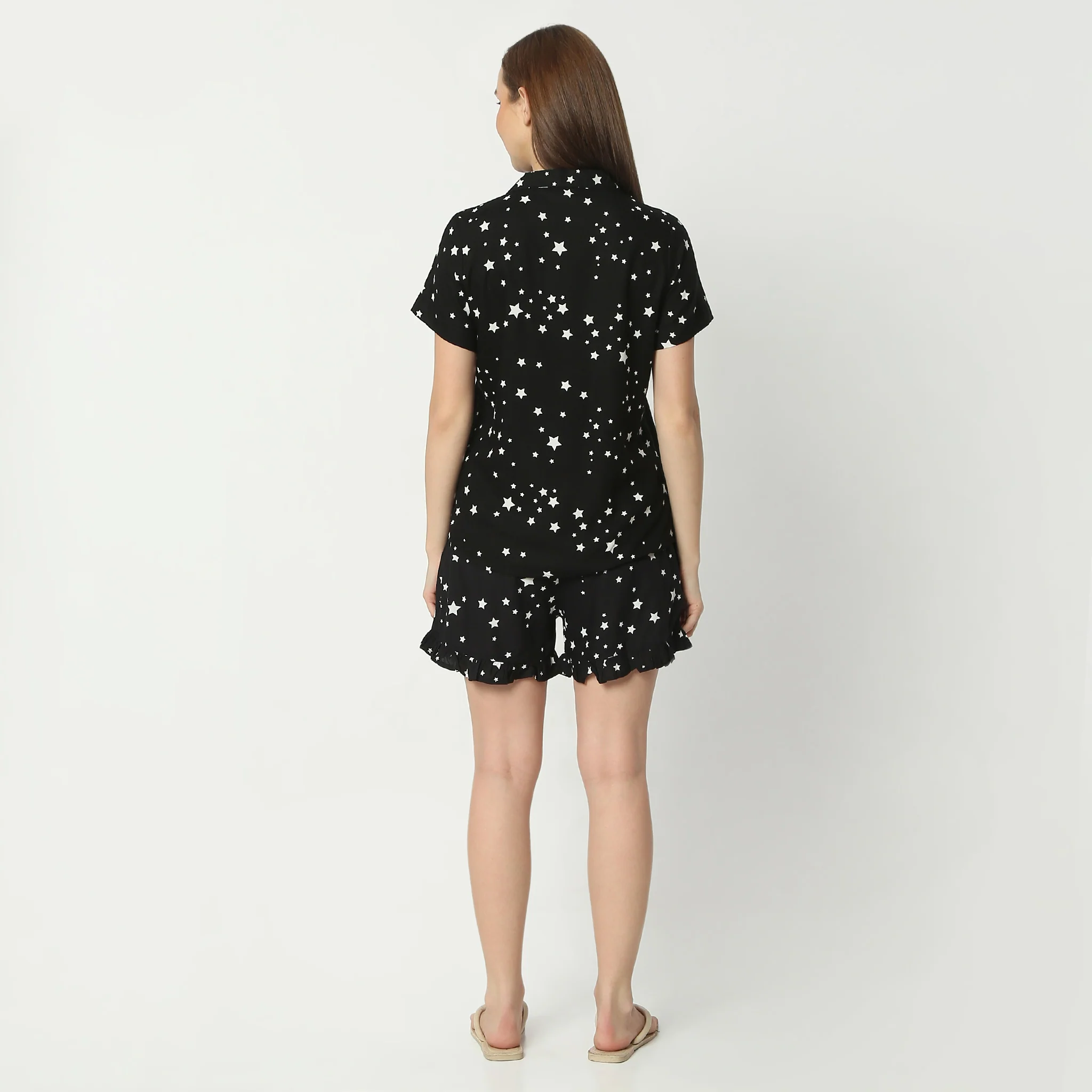 Printed Lapel Collar Short Sleeve Shirt With Shorts Sleepwear Set - Image 3