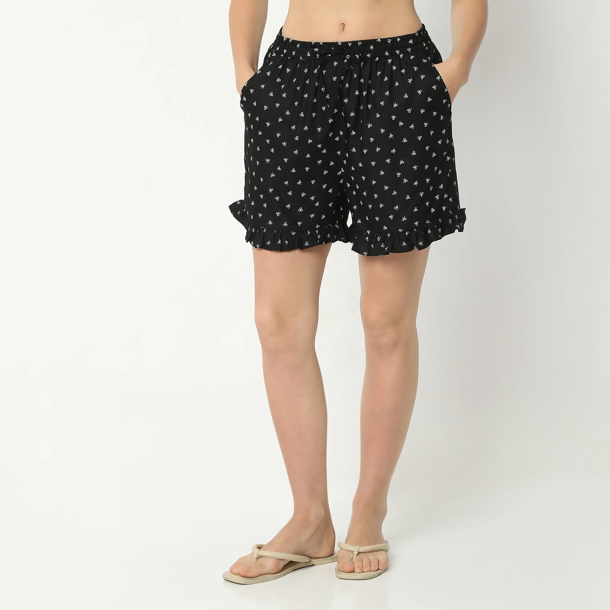 Printed Lapel Collar Short Sleeve Shirt With Shorts Sleepwear Set - Image 6