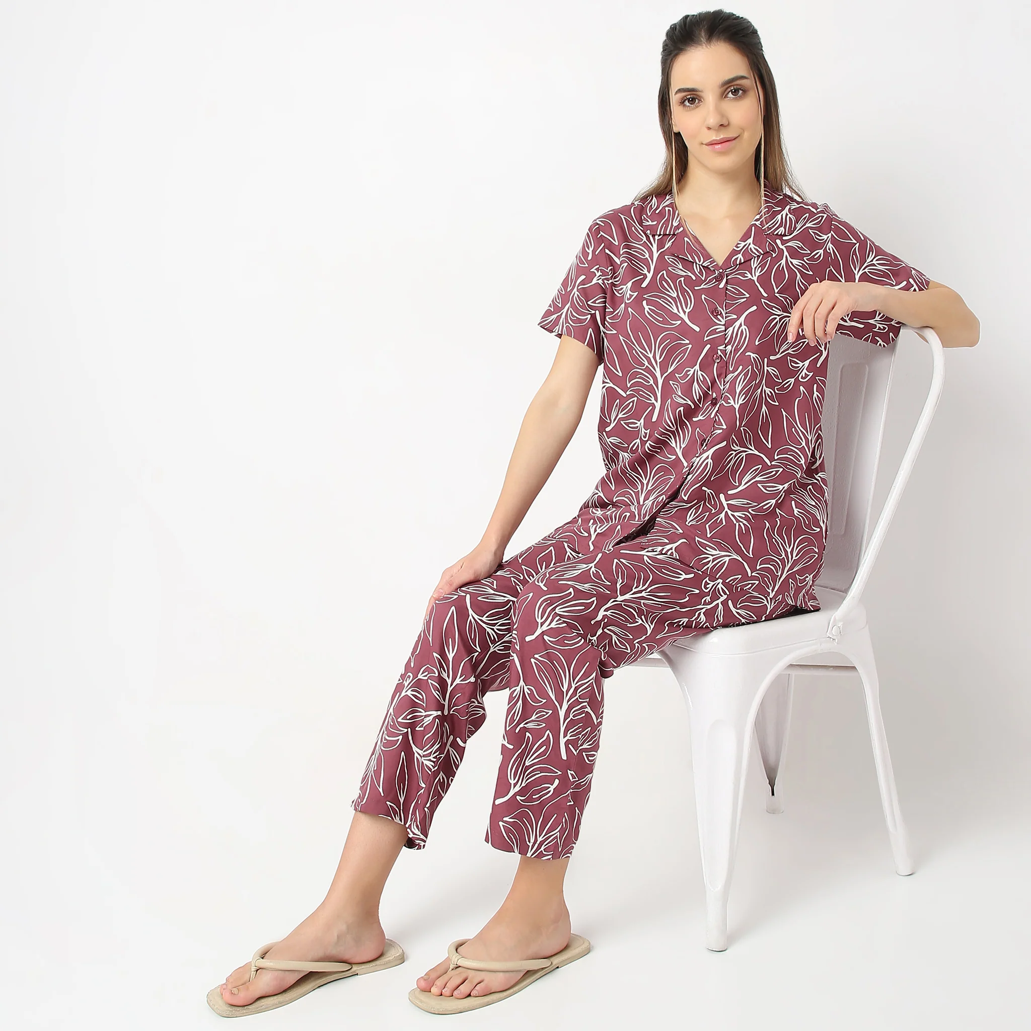 Floral Print Lapel Collar Short Sleeve Shirt With Pyjama Sleepwear Set