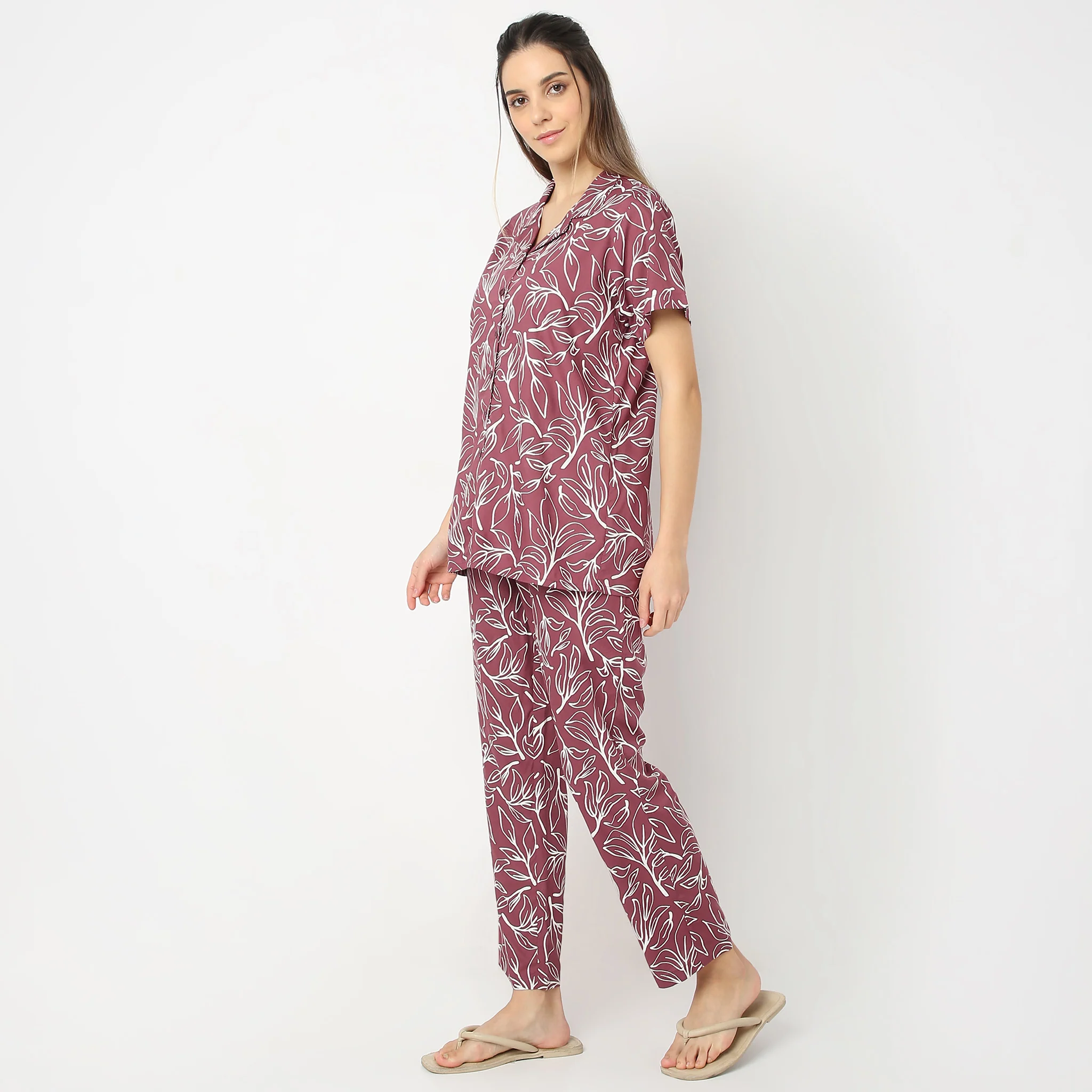 Floral Print Lapel Collar Short Sleeve Shirt With Pyjama Sleepwear Set - Image 5
