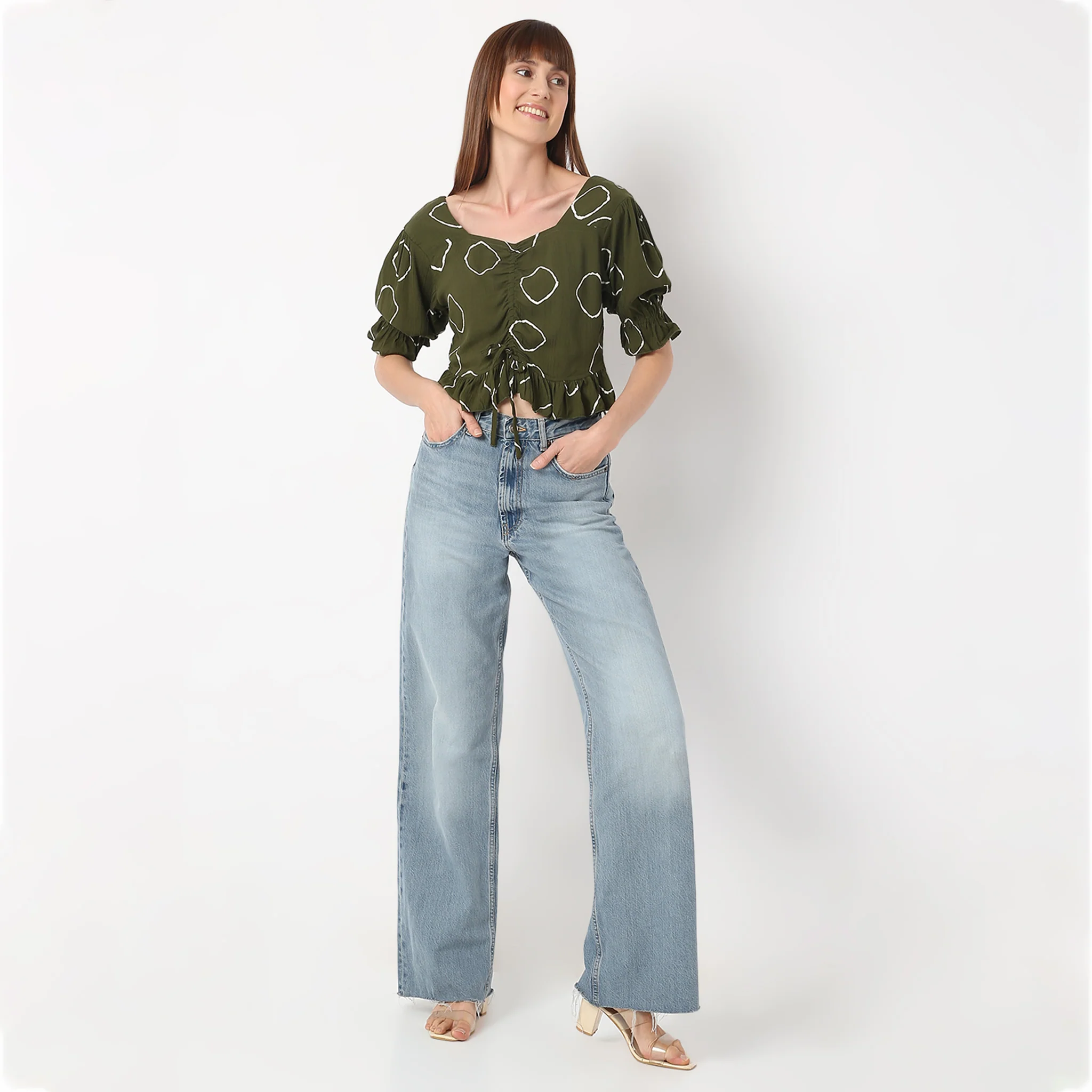 Sweetheart Neck Flared Elbow Sleeve Printed Crop Top