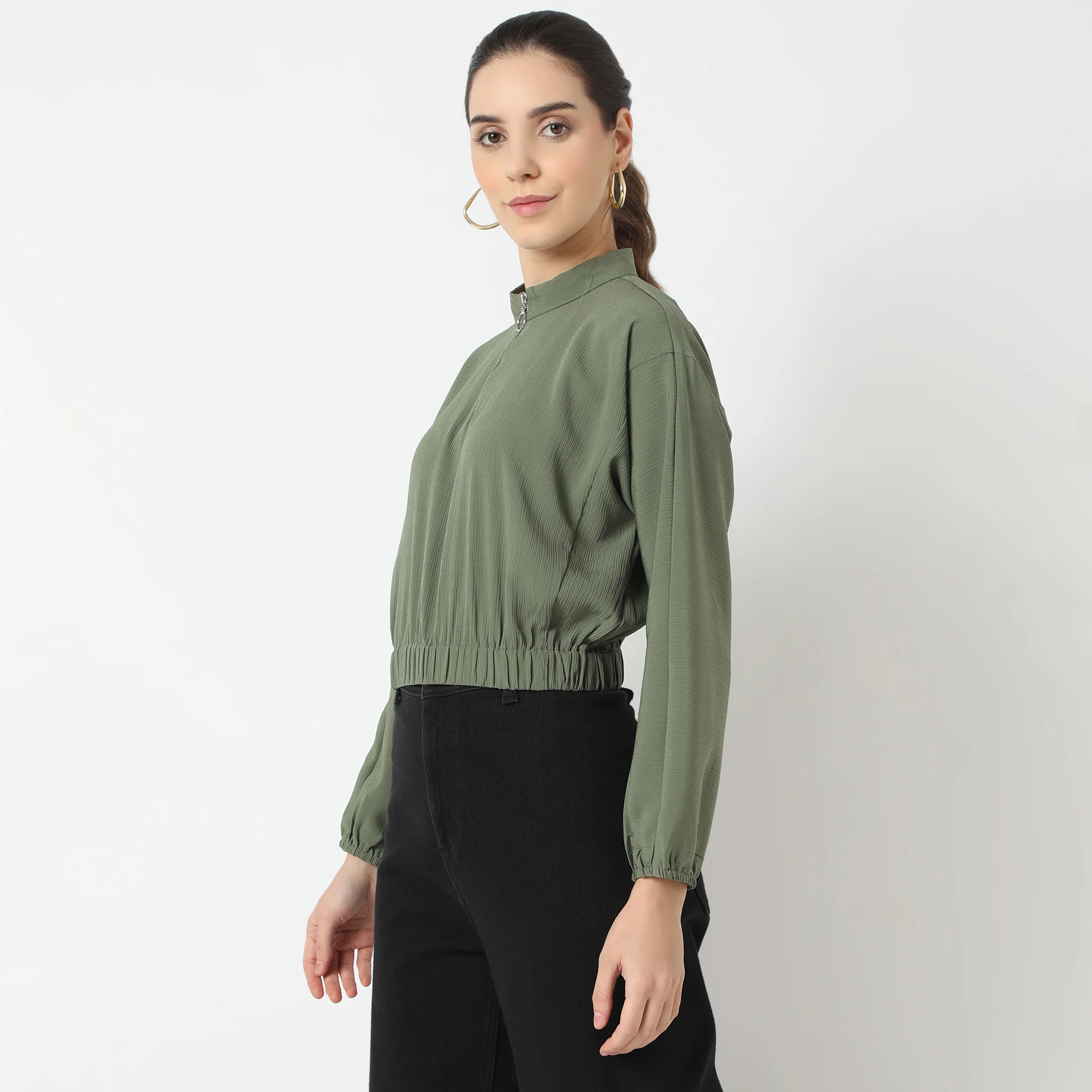 Full Sleeve Band Collar Betty Solid Top With Zipper Openig - Image 4