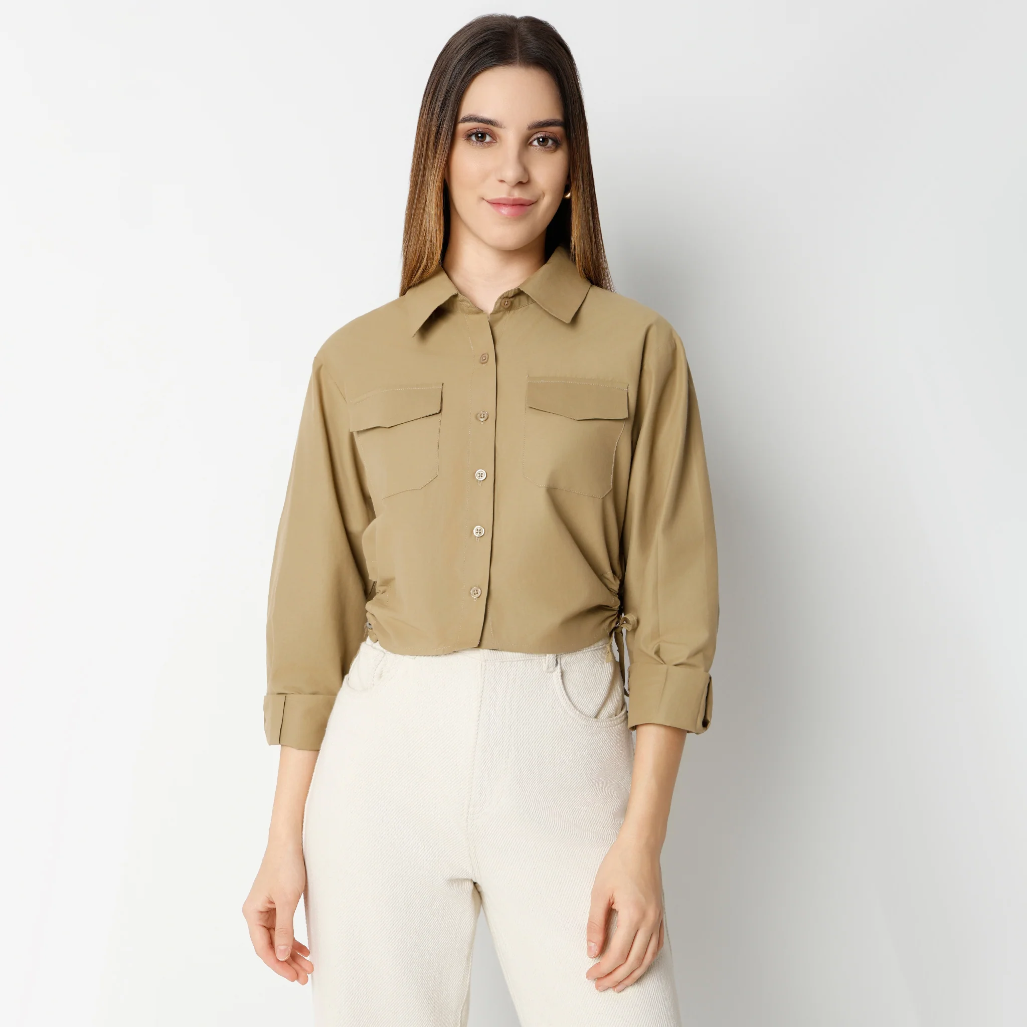 Cropped Three Fourth Sleeve Crop Shirt With Patch Pocket