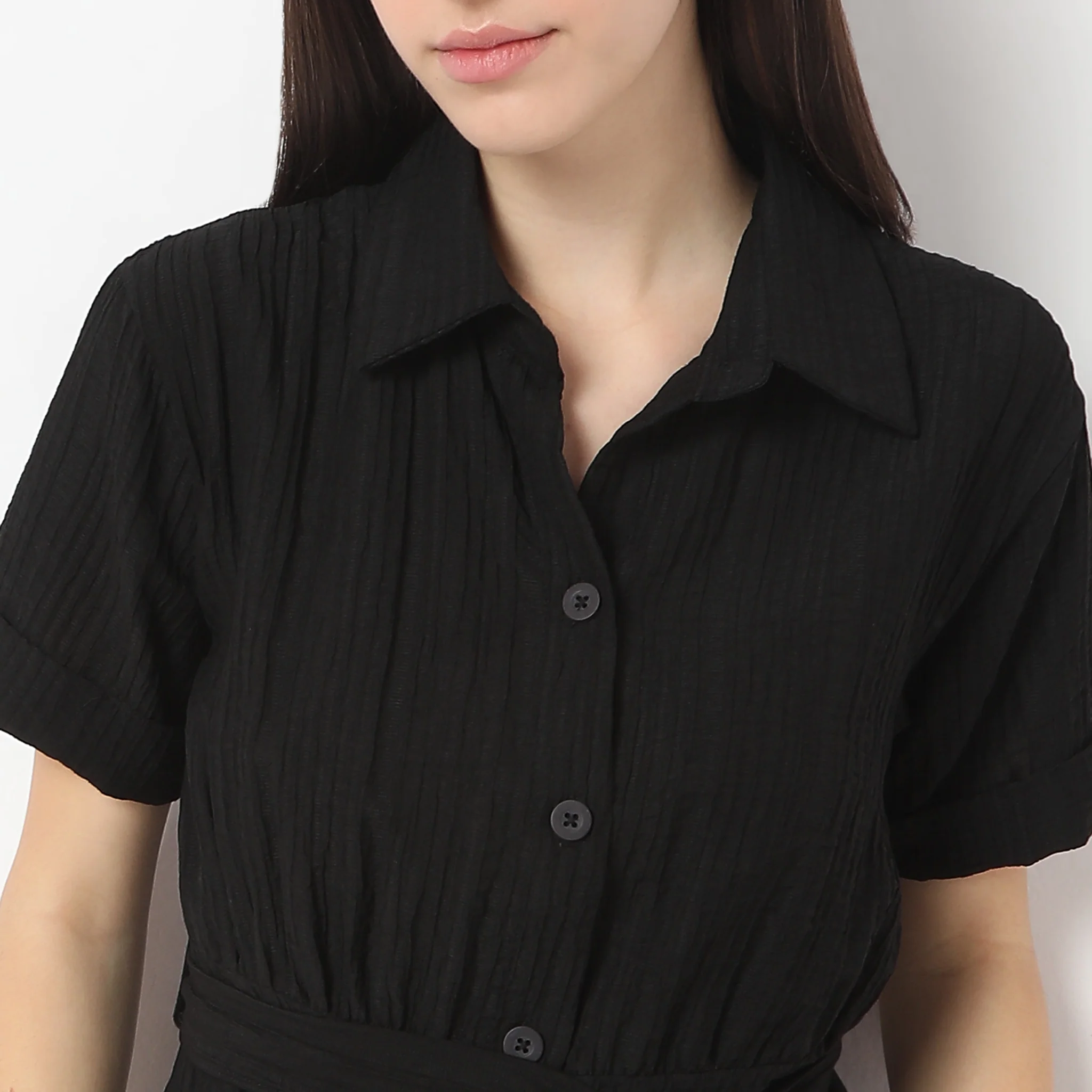 Regular Fit Solid Shirt Collar Dress - Image 10