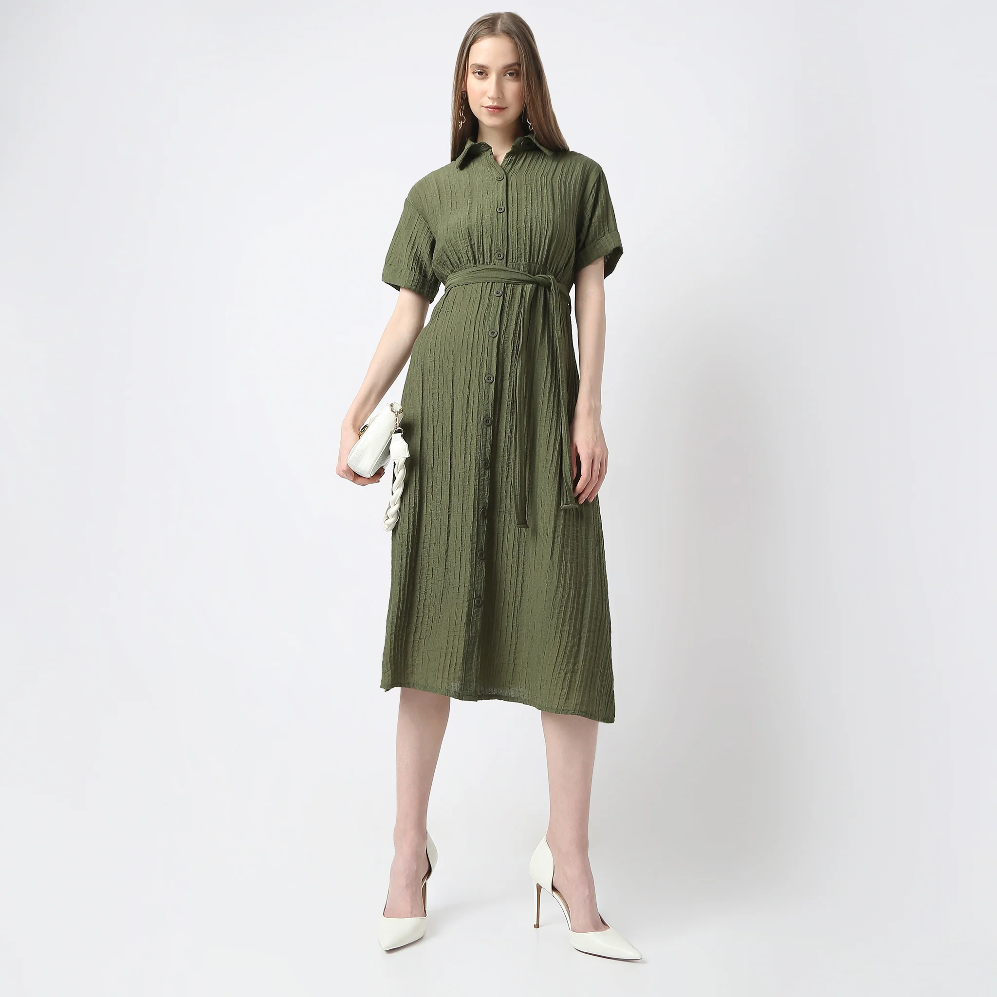 Regular Fit Solid Shirt Collar Dress - Image 11