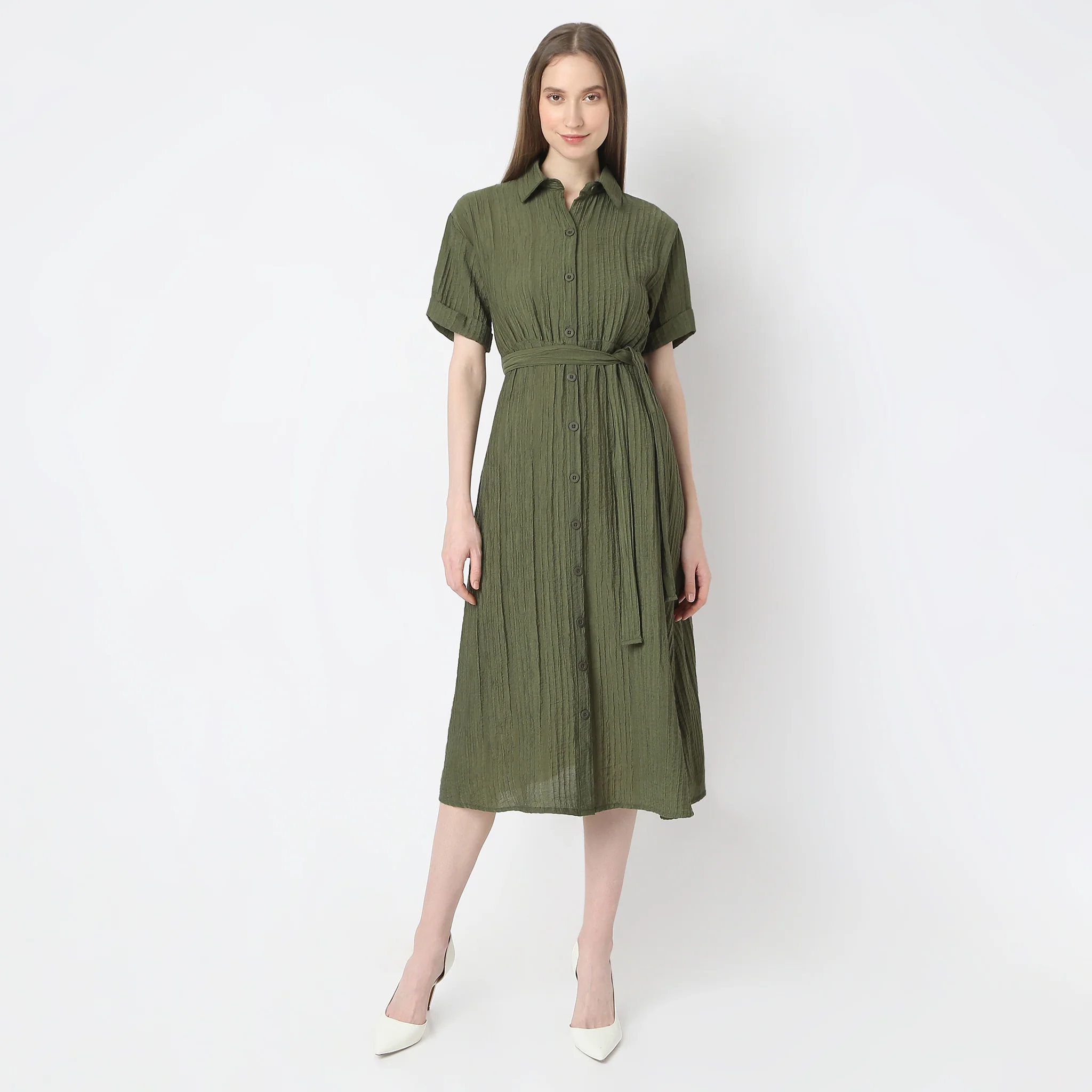 Regular Fit Solid Shirt Collar Dress - Image 12