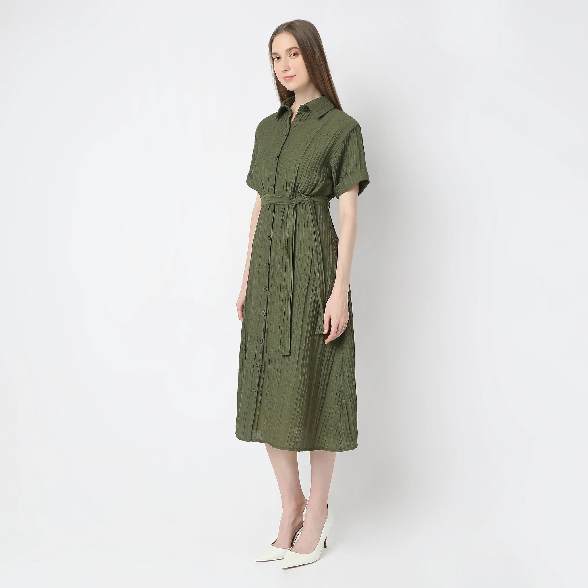 Regular Fit Solid Shirt Collar Dress - Image 14