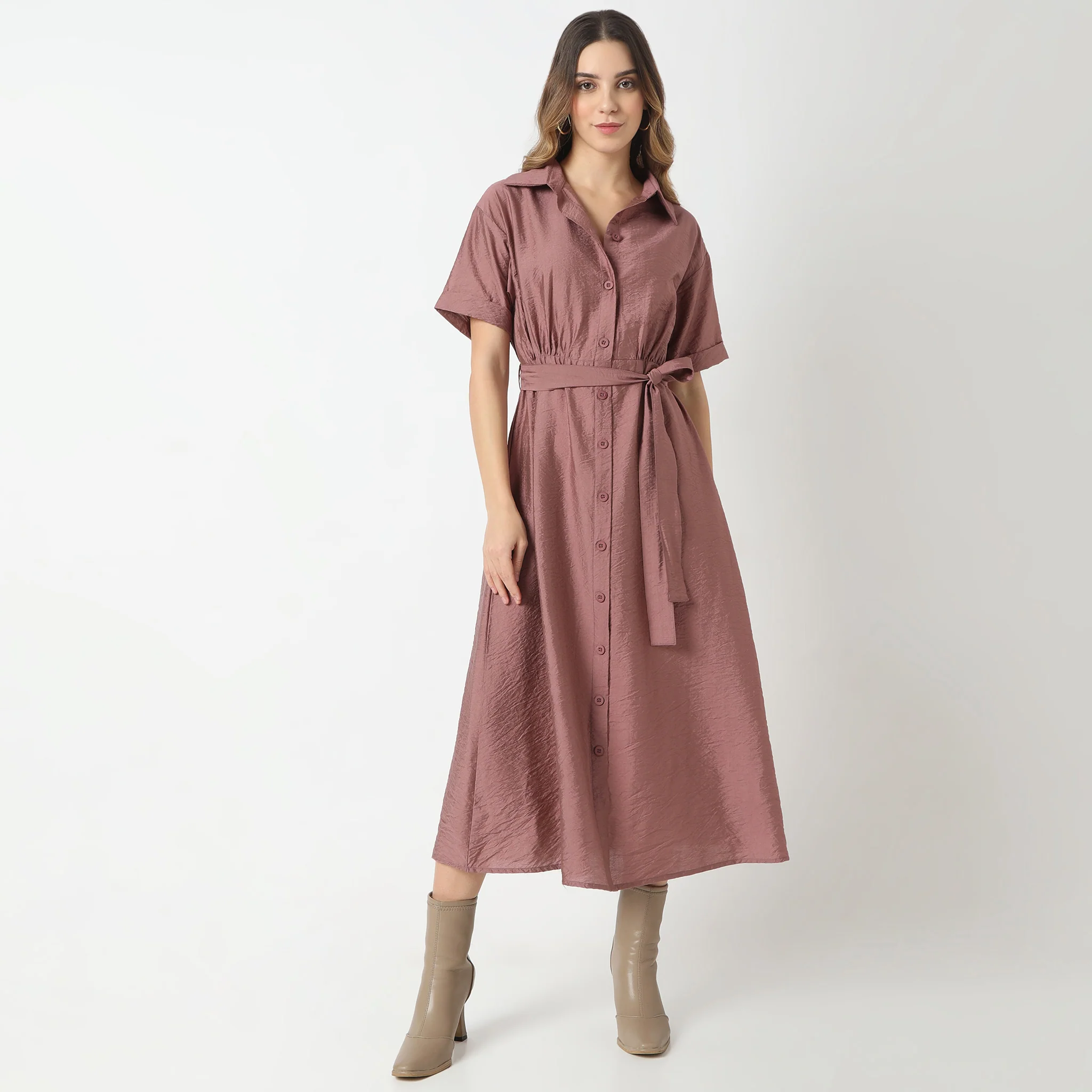 Regular Fit Solid Shirt Collar Dress - Image 16