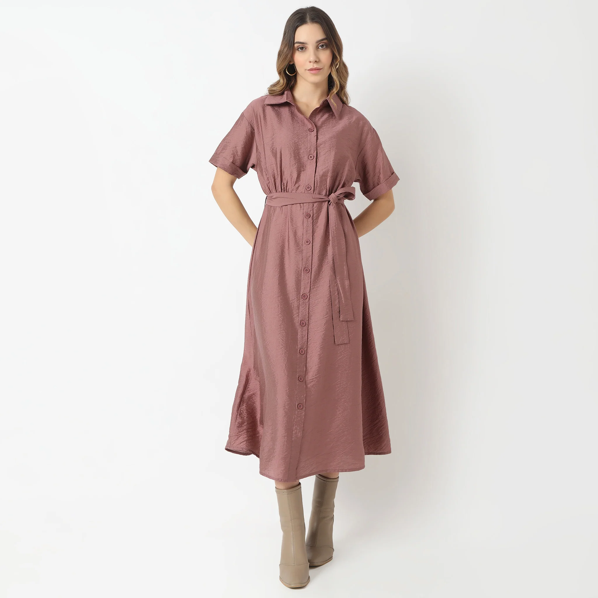Regular Fit Solid Shirt Collar Dress - Image 17