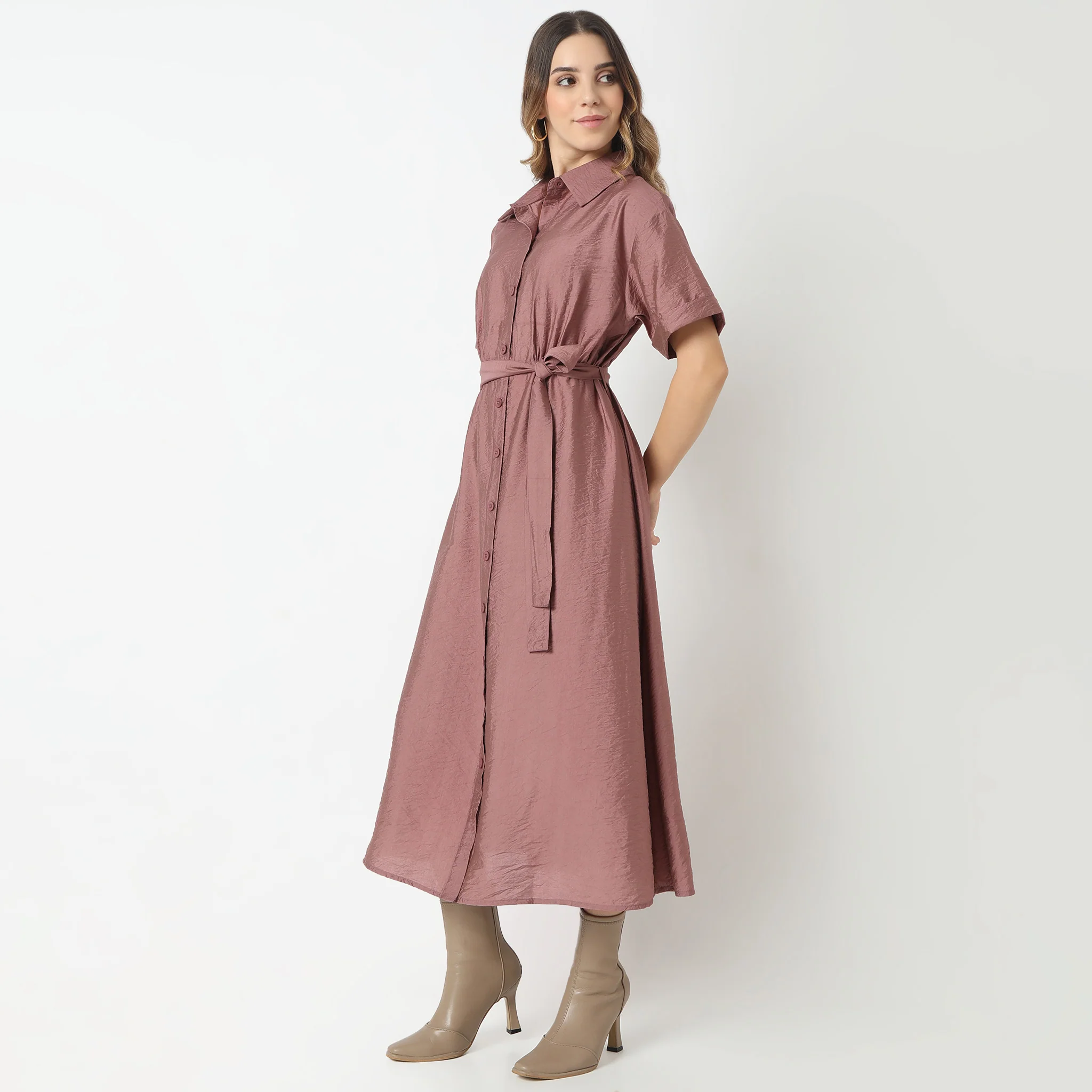 Regular Fit Solid Shirt Collar Dress - Image 19