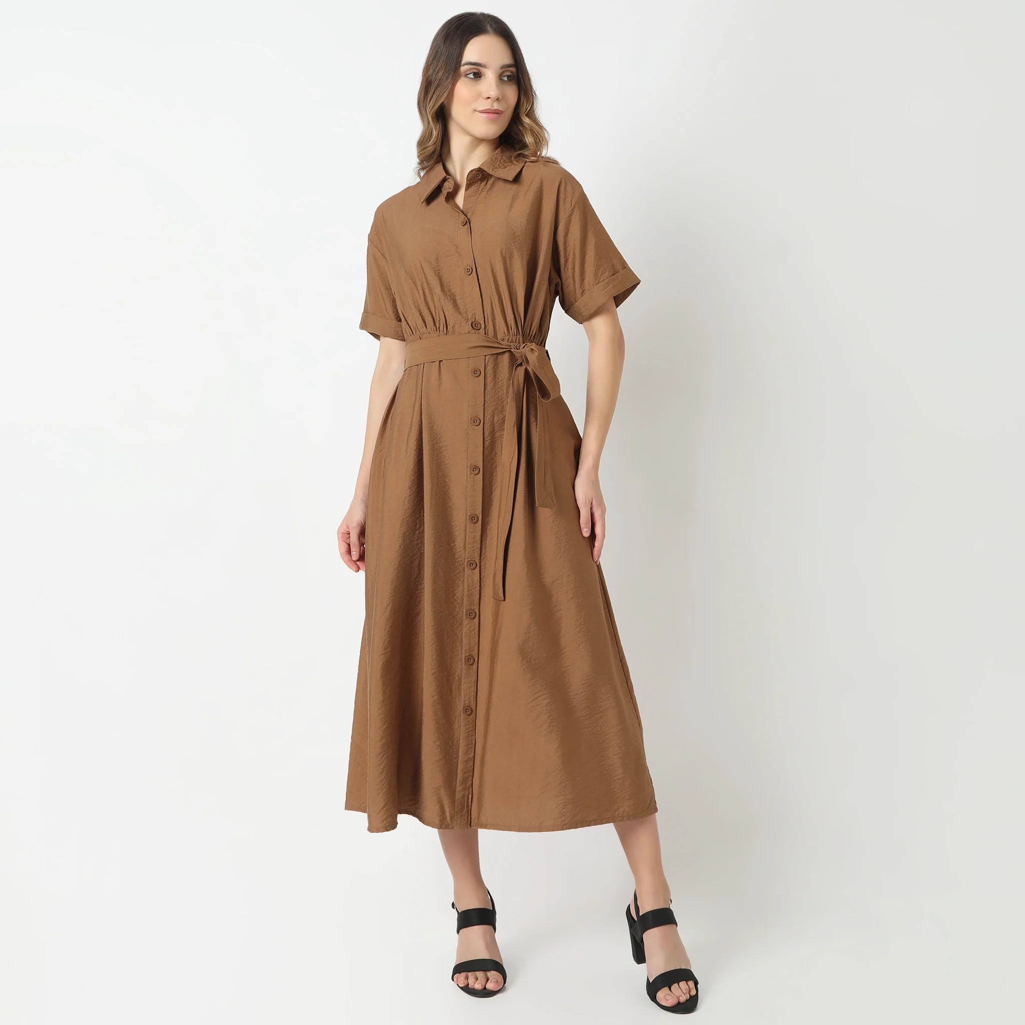 Regular Fit Solid Shirt Collar Dress - Image 22