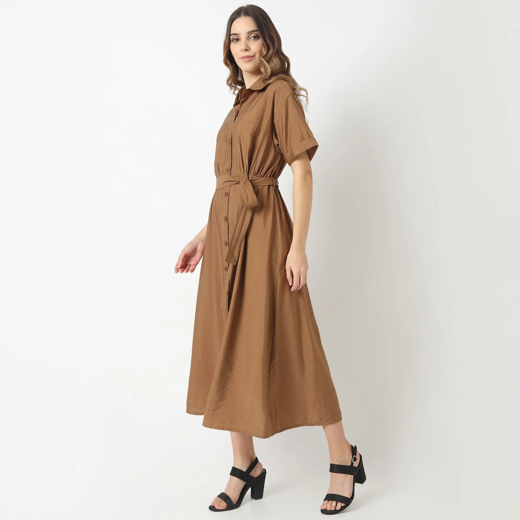 Regular Fit Solid Shirt Collar Dress - Image 24