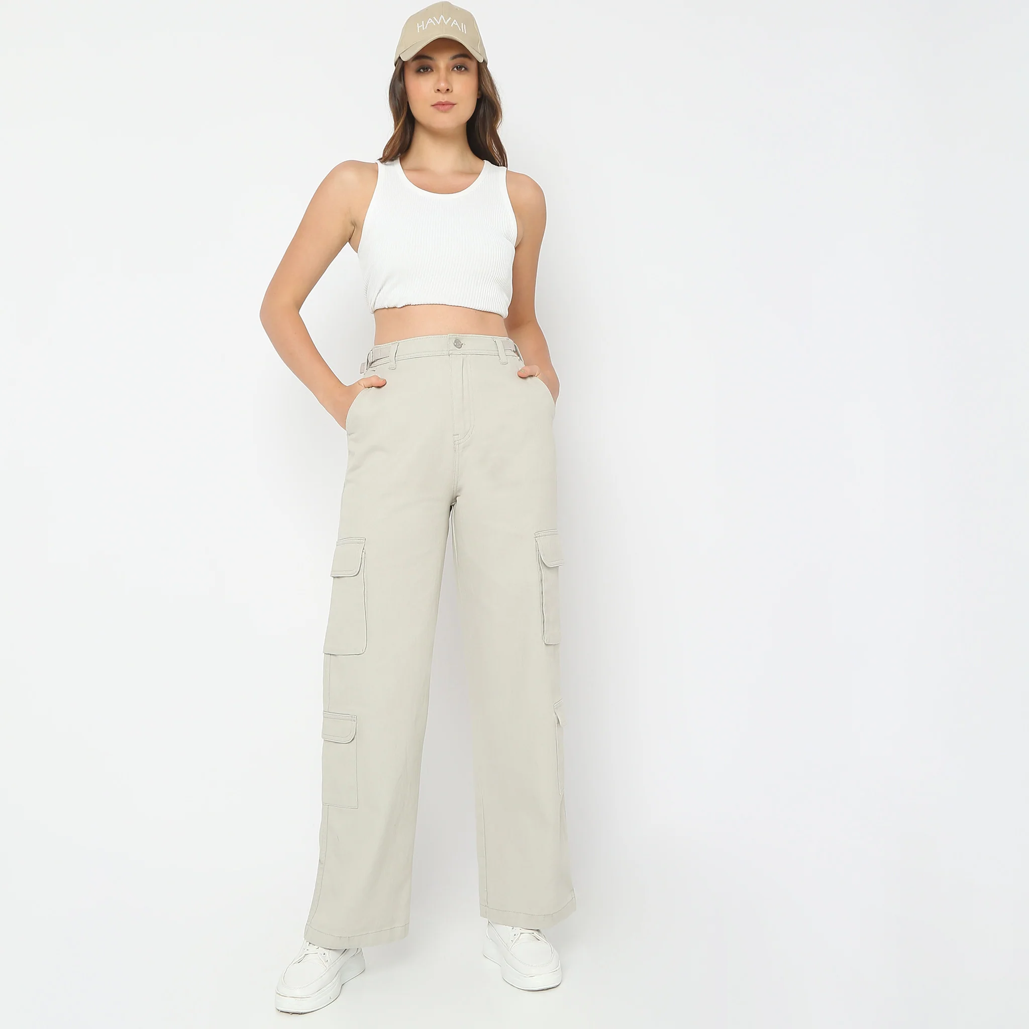 Regular Fit Solid High Rise Cargos