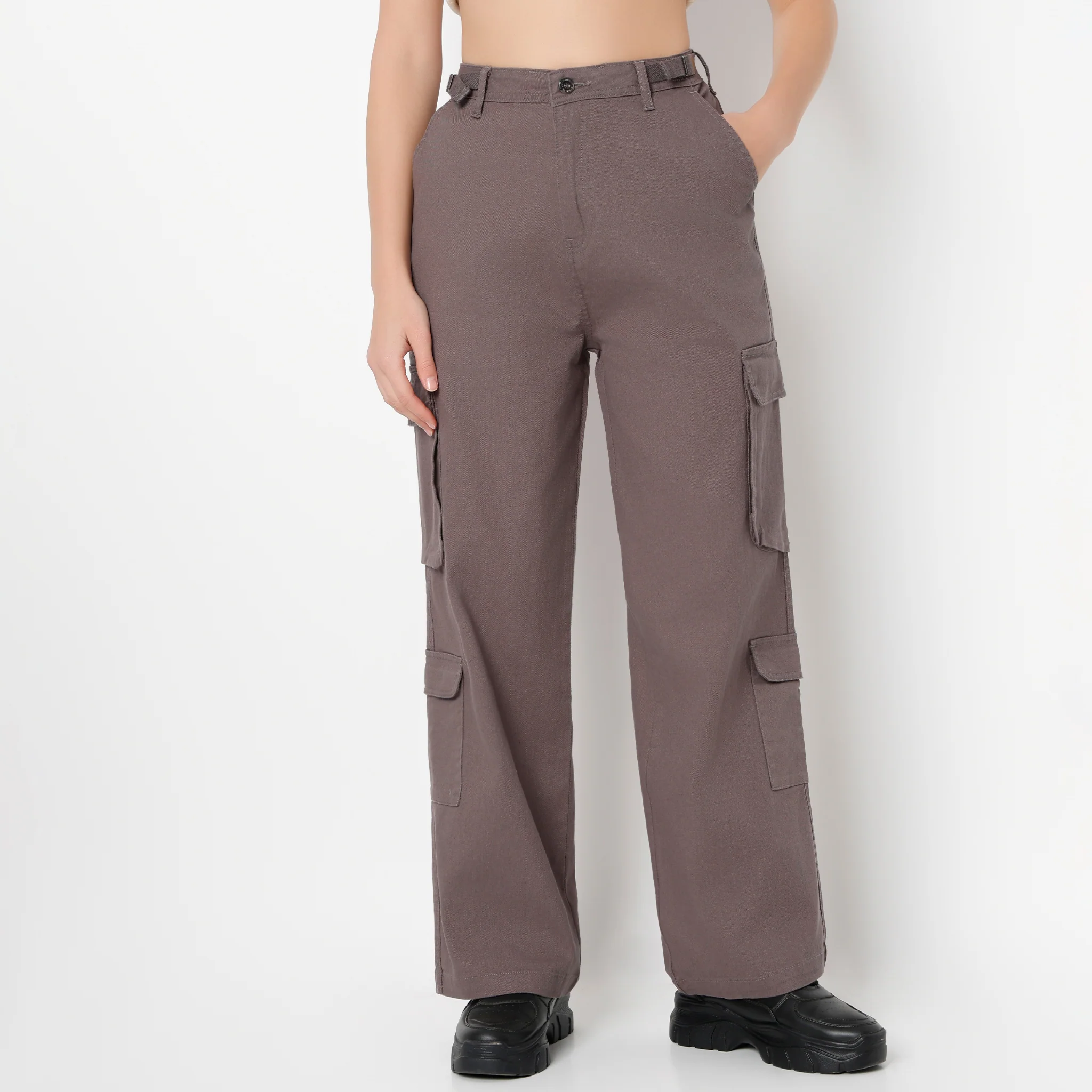 Regular Fit Solid High Rise Cargos - Image 13