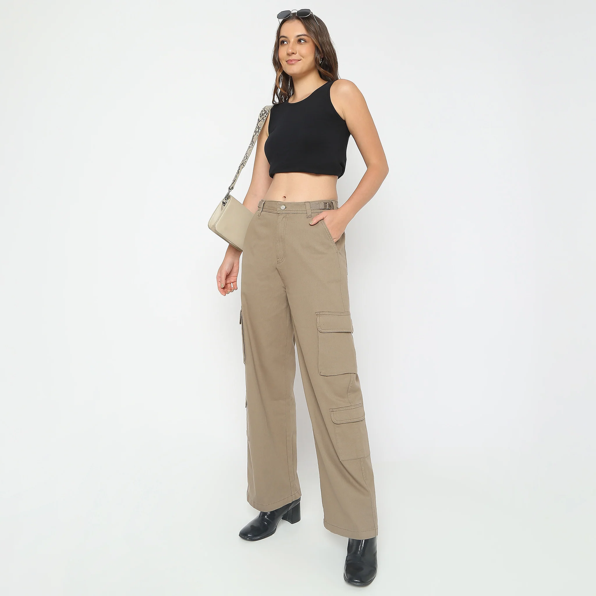 Regular Fit Solid High Rise Cargos - Image 6