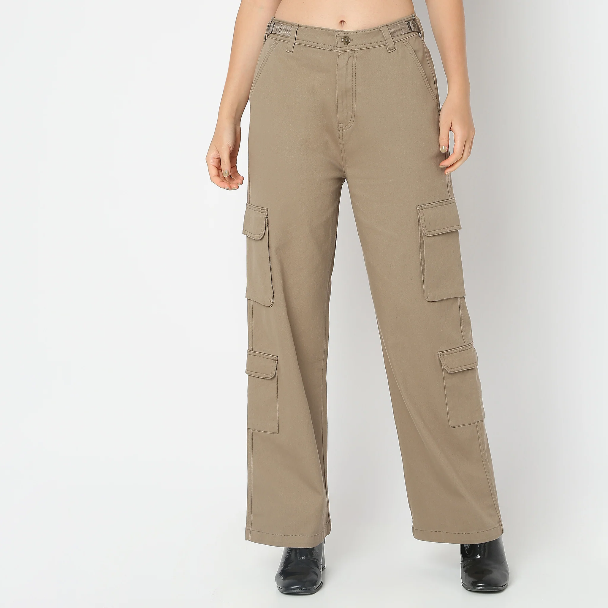 Regular Fit Solid High Rise Cargos - Image 7