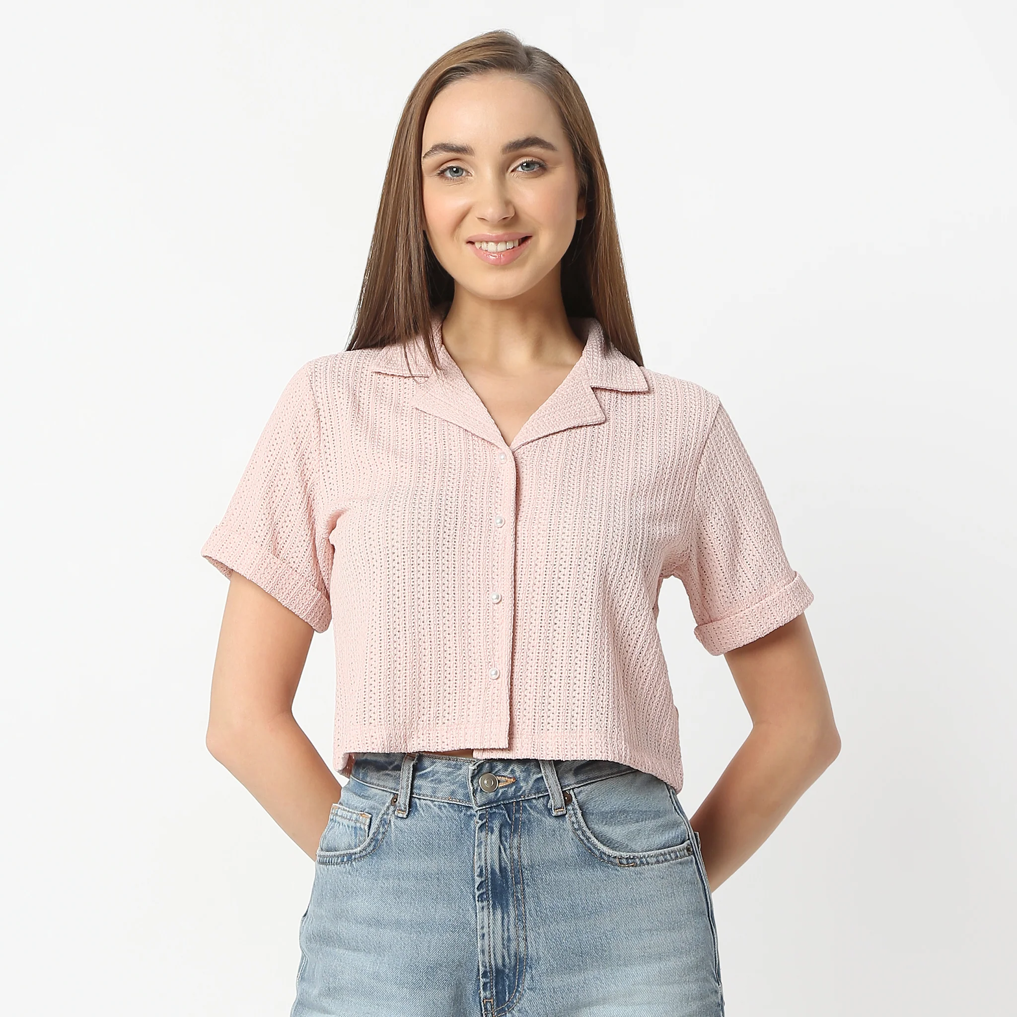 Lapel Collar Short Sleeve Crop Shirt - Image 7