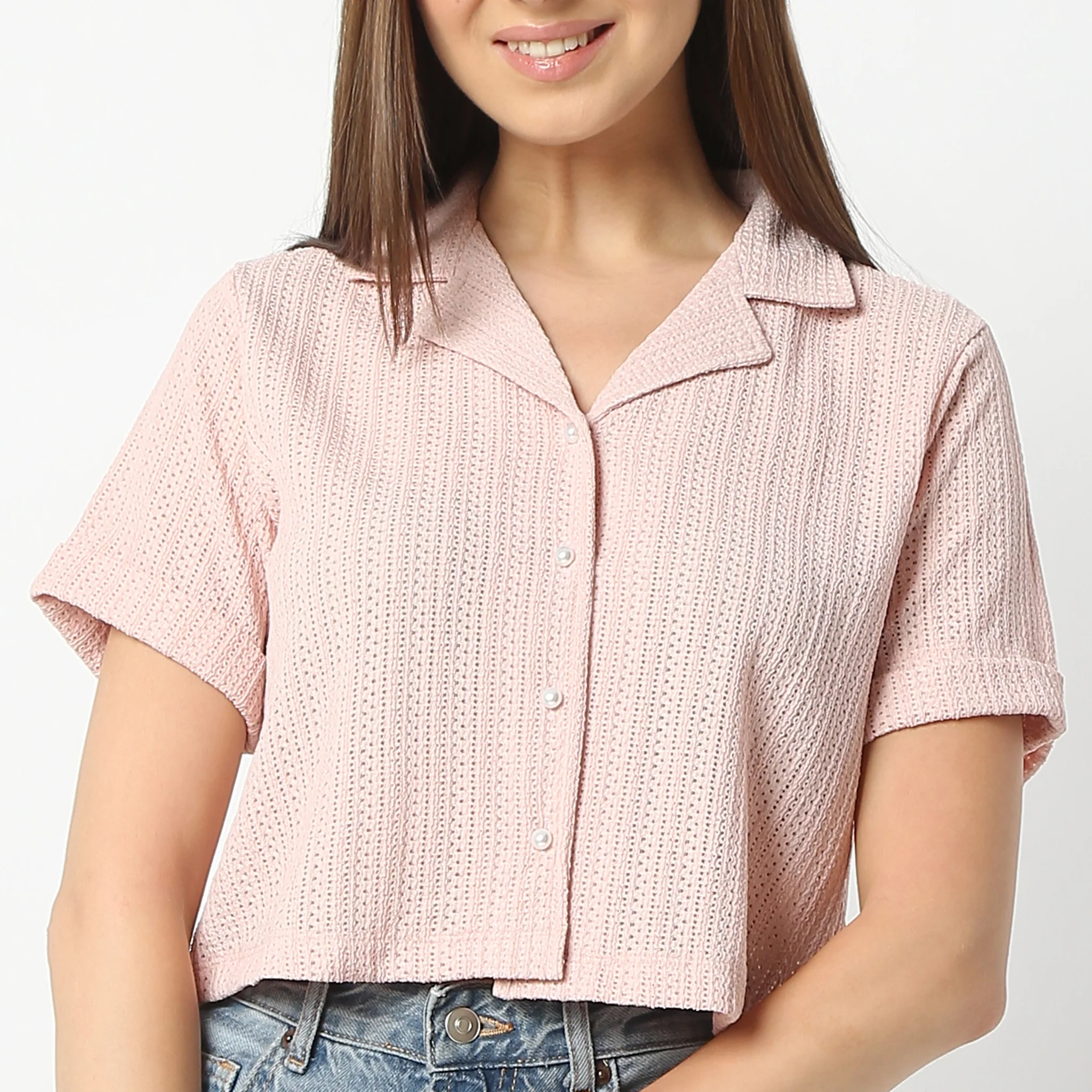 Lapel Collar Short Sleeve Crop Shirt - Image 9