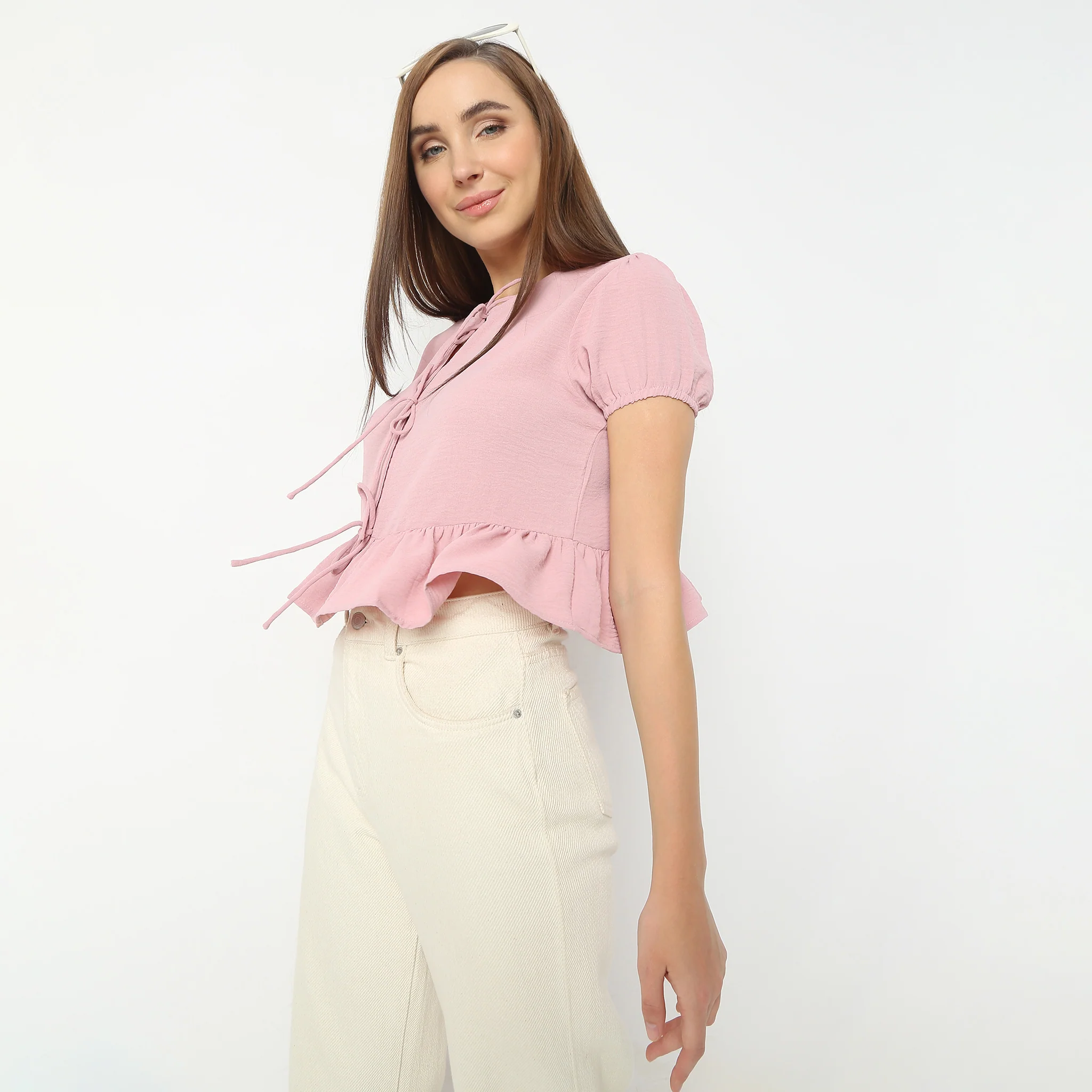 Round Neck Short Sleeve Tie Up Detail At Front And Ruffle At Bottom Crop Top