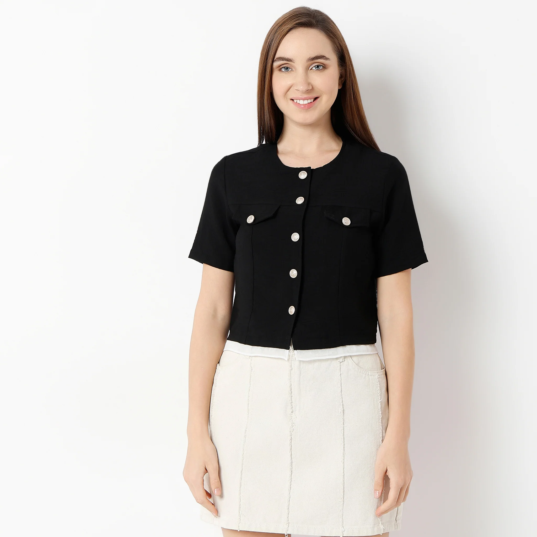 Round Neck Short Sleeve Solid Shirt With Button Highlight - Image 2