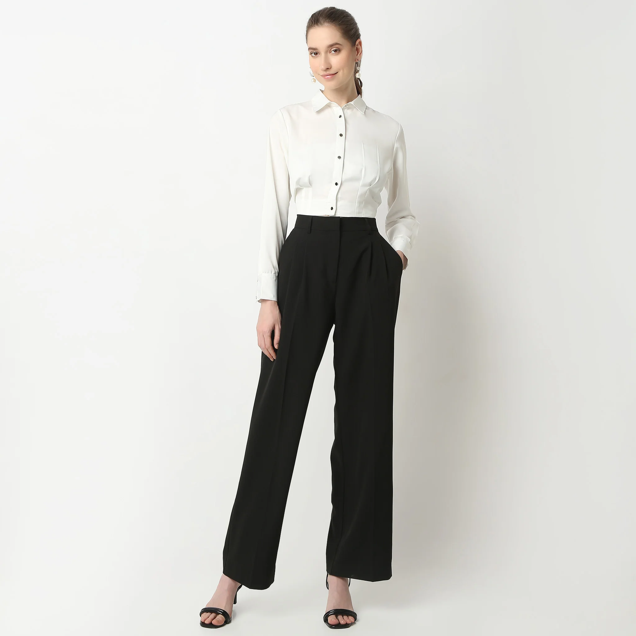 Solid Full Sleeve Party Wear Satin Milano Crop Shirt - Image 11