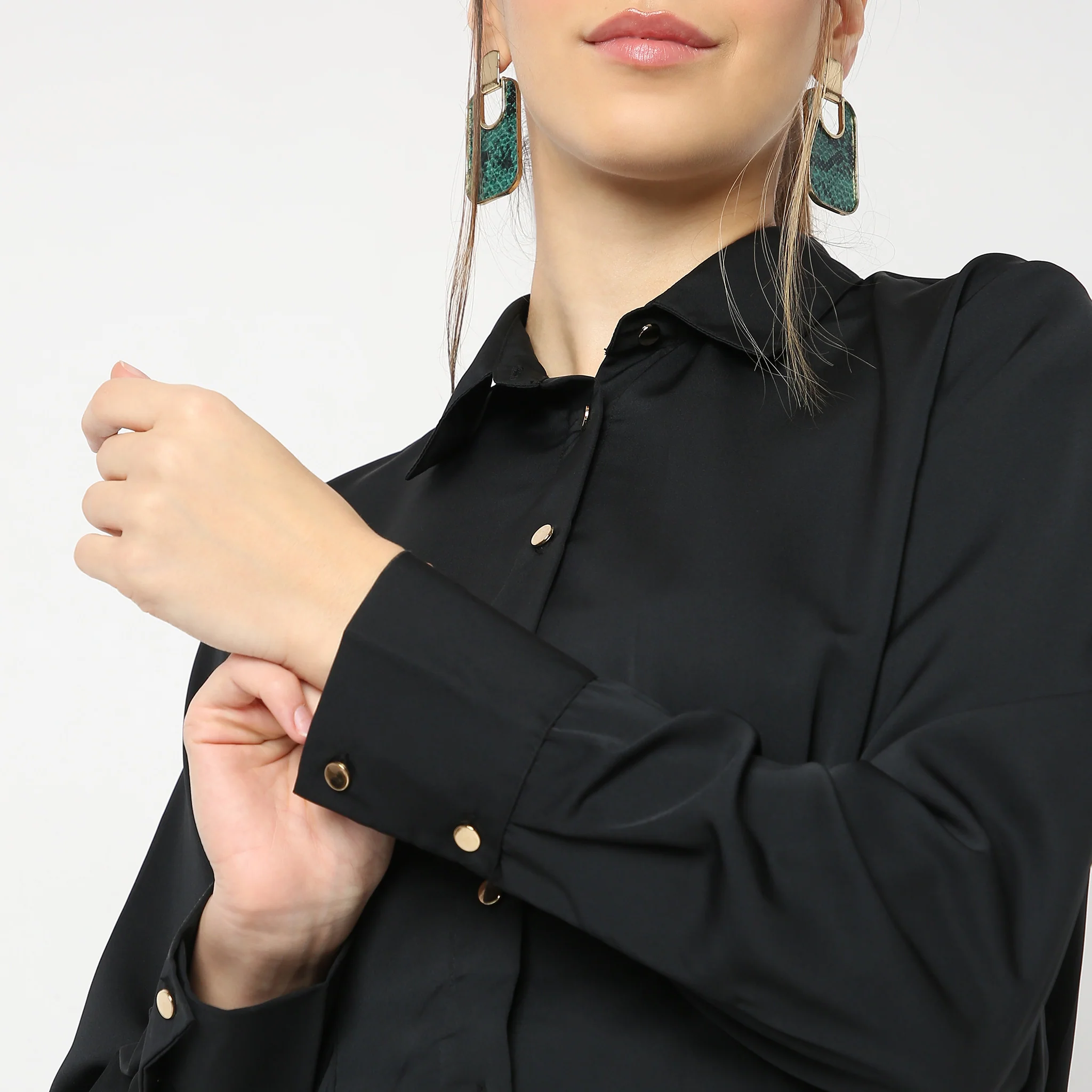 Solid Full Sleeve Party Wear Satin Milano Crop Shirt - Image 5