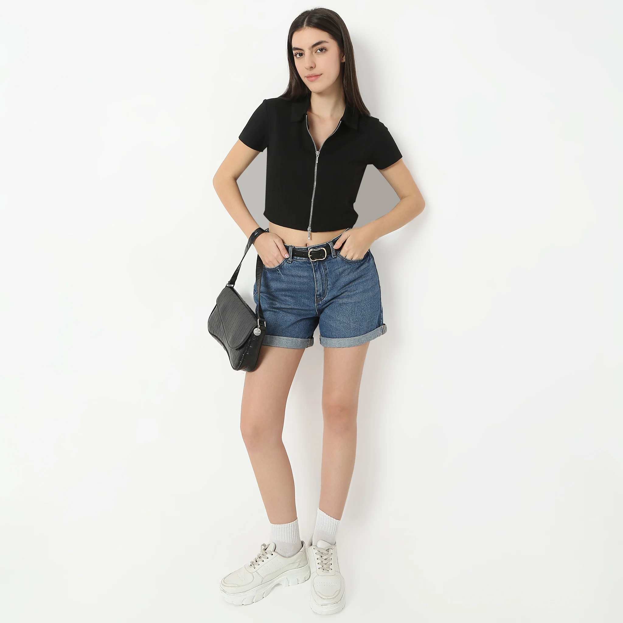 Solid Polo Neck Short Sleeve Tee With Front Zip Open Crop T-Shirt