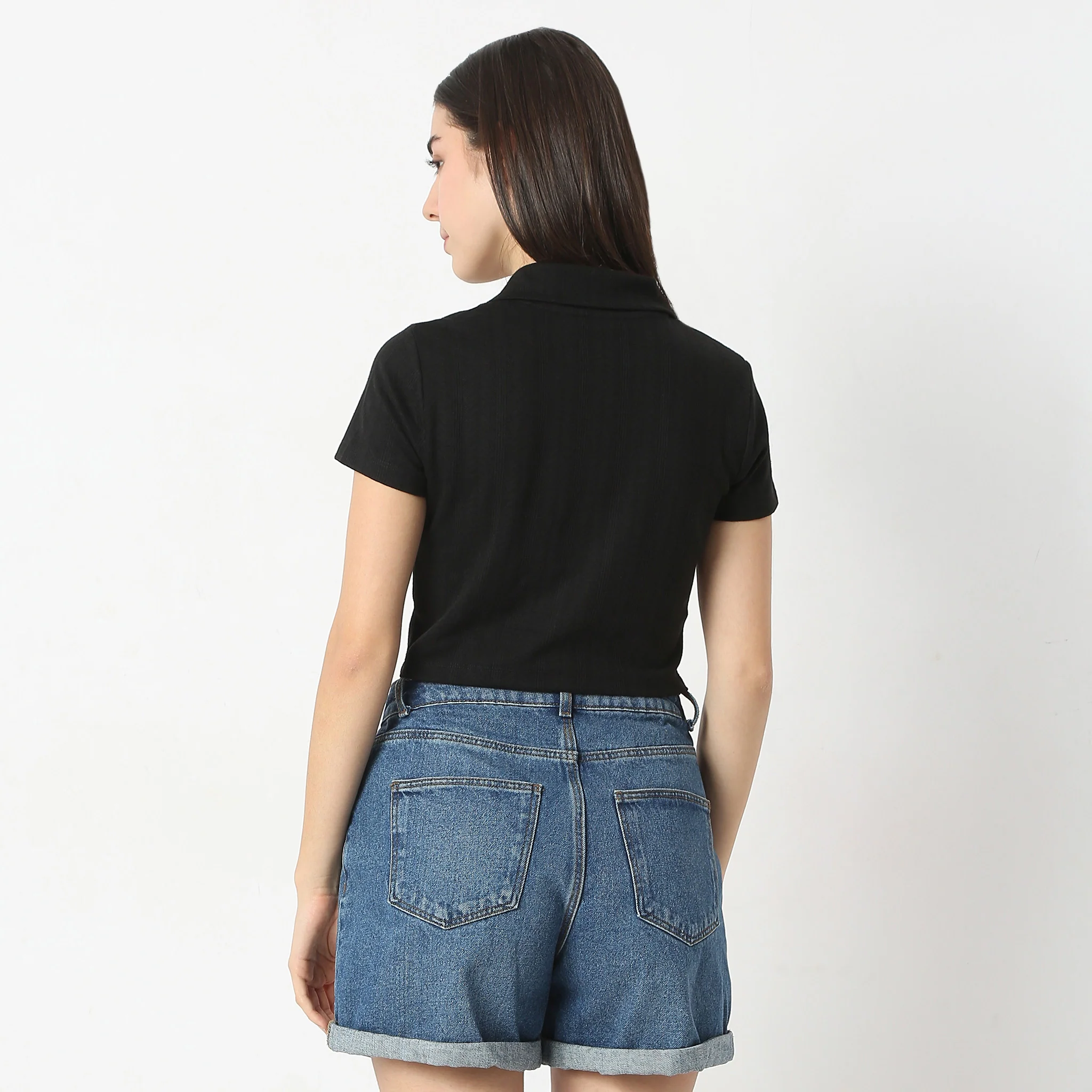 Solid Polo Neck Short Sleeve Tee With Front Zip Open Crop T-Shirt - Image 3