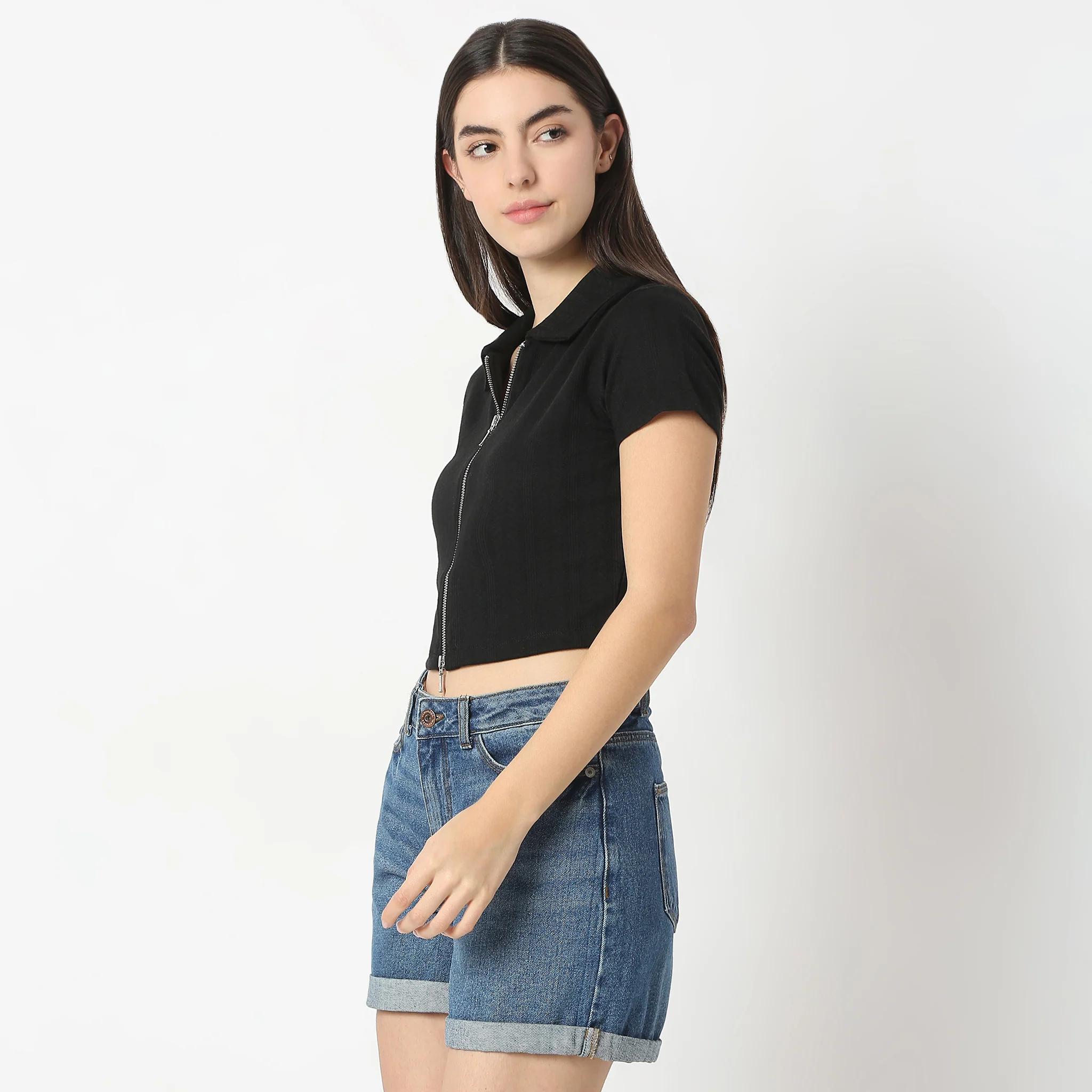 Solid Polo Neck Short Sleeve Tee With Front Zip Open Crop T-Shirt - Image 4