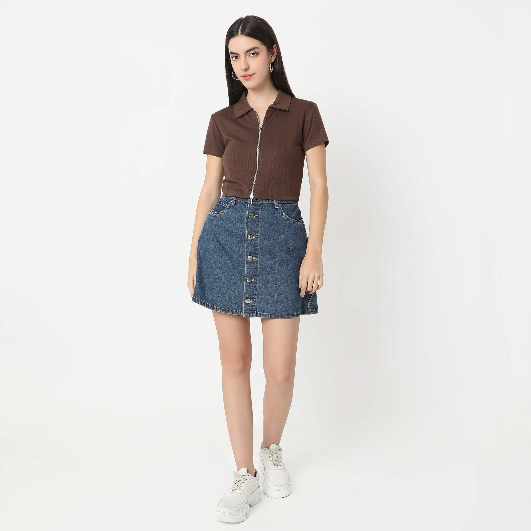 Solid Polo Neck Short Sleeve Tee With Front Zip Open Crop T-Shirt - Image 7