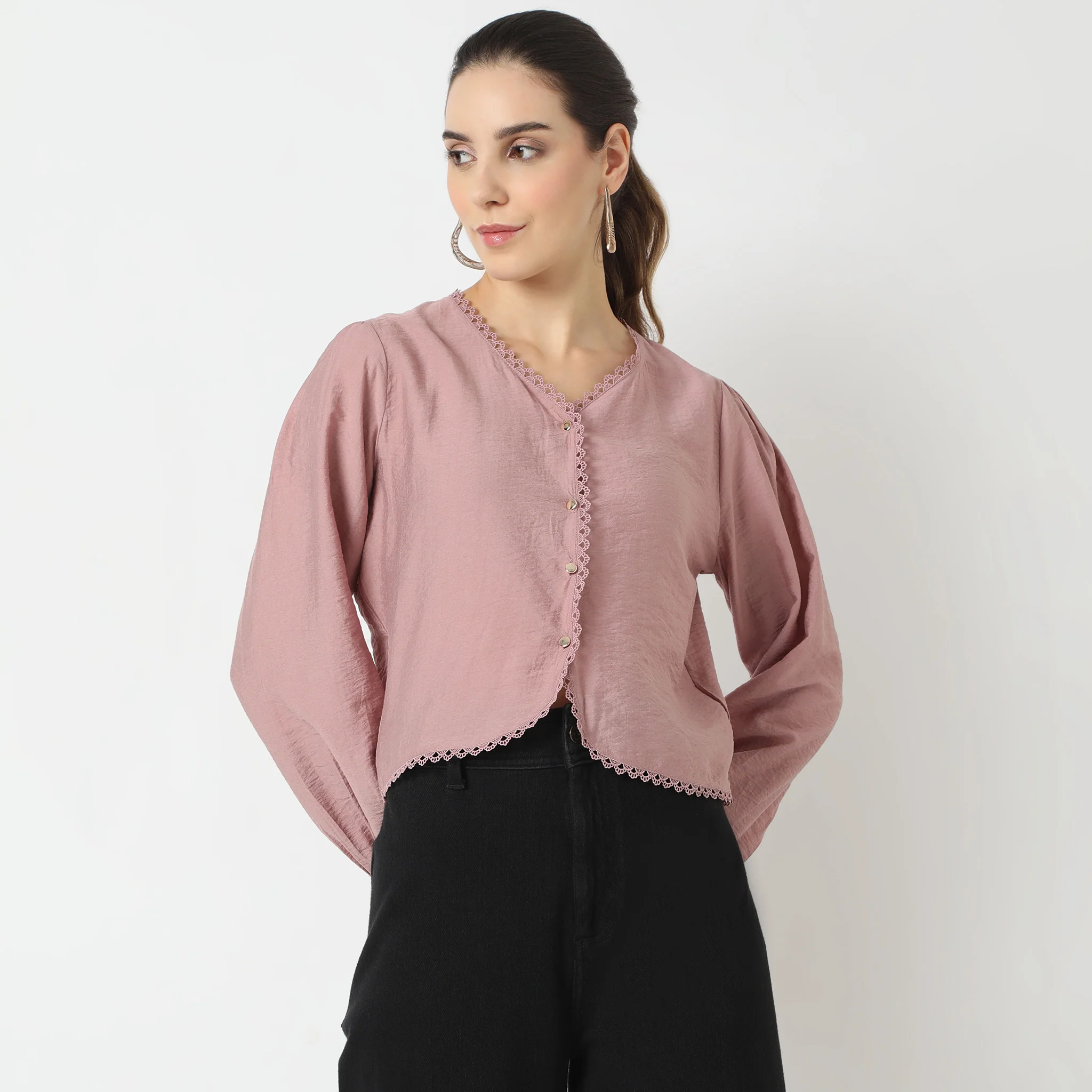 Solid Full Sleeve V-Neck Top - Image 2