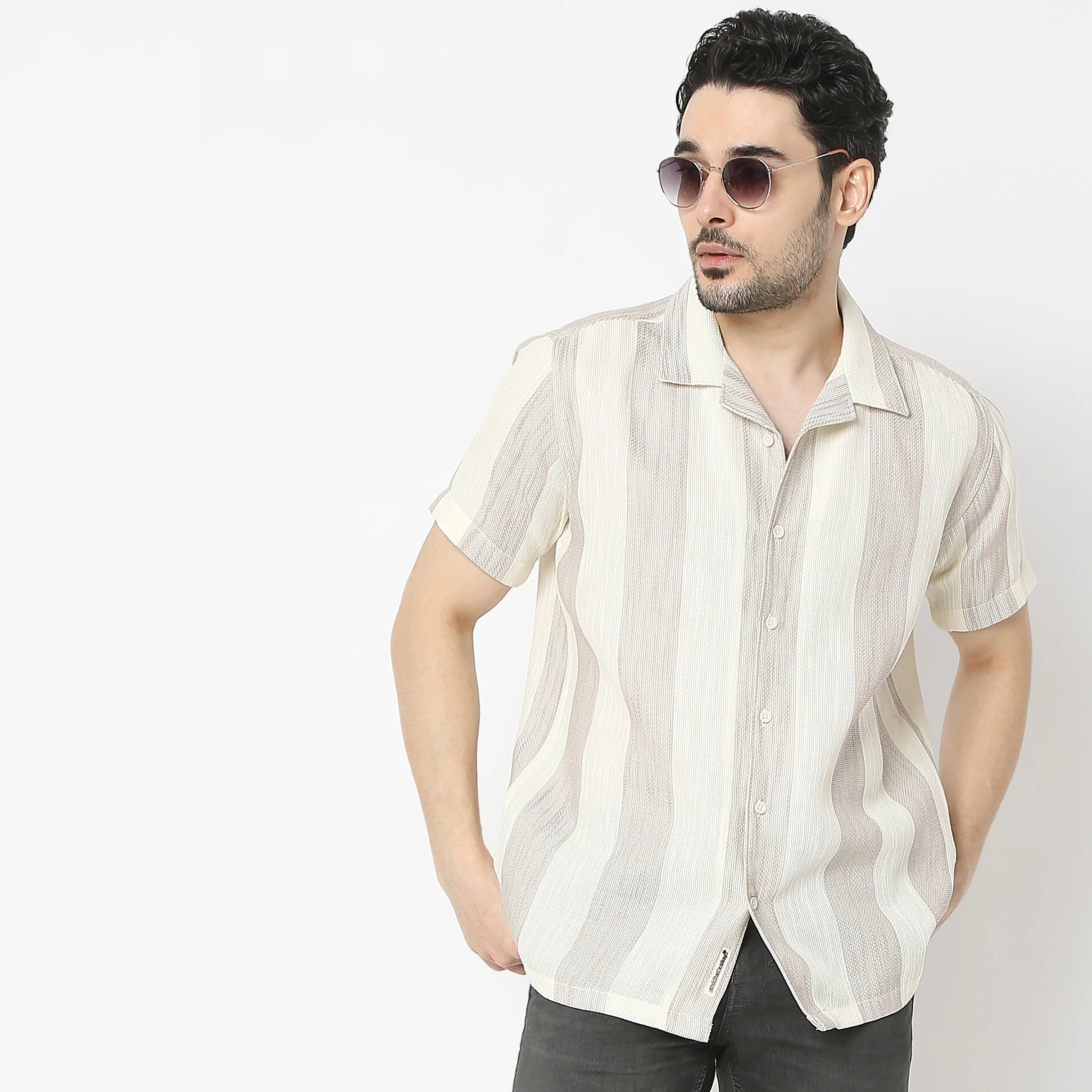 Mood Shirtᵉˣ Camp Collar Half Sleeve Striped Relaxed Fit - Image 2