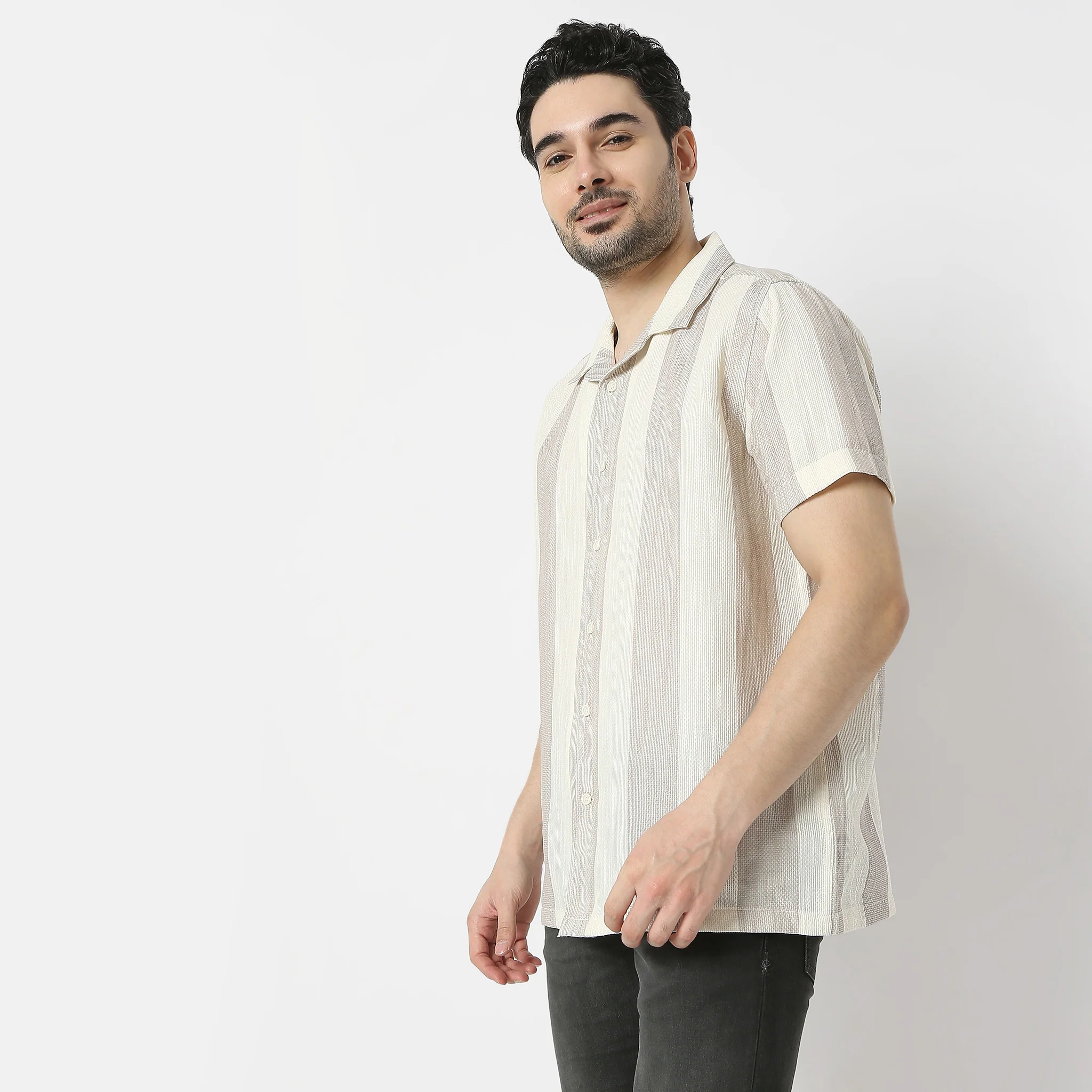Mood Shirtᵉˣ Camp Collar Half Sleeve Striped Relaxed Fit - Image 5