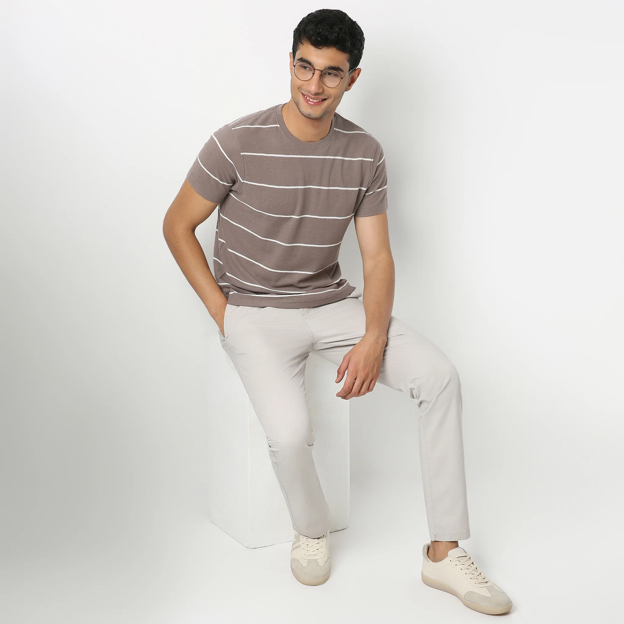 Crew Neck T-Shirt With Texture And Stripes
