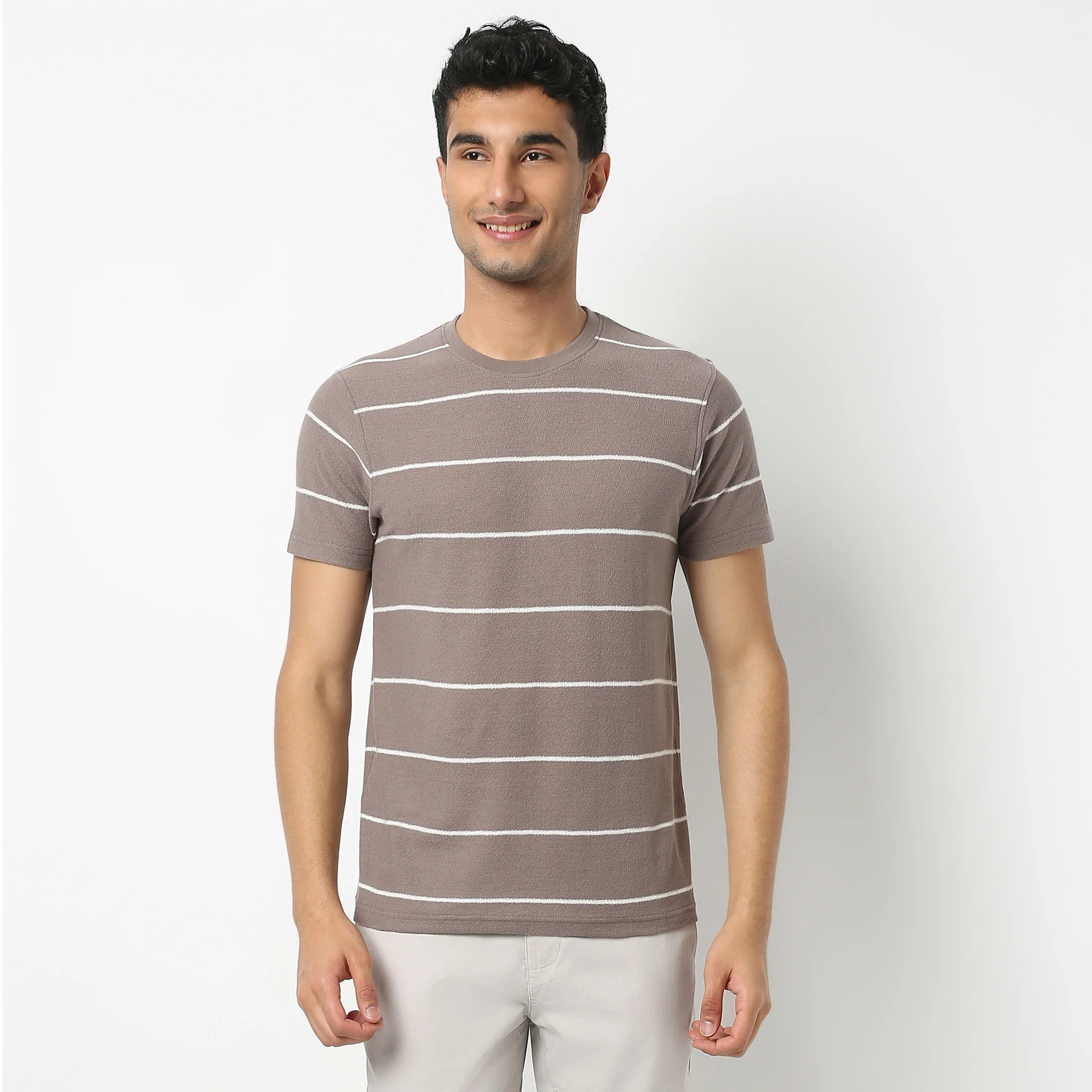 Crew Neck T-Shirt With Texture And Stripes - Image 2