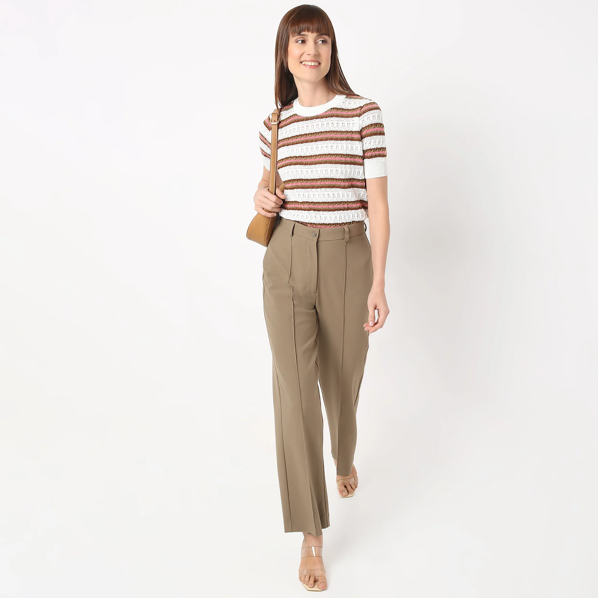 Crew Neck Short Sleeve Kniited Structured Stripped T-Shirt