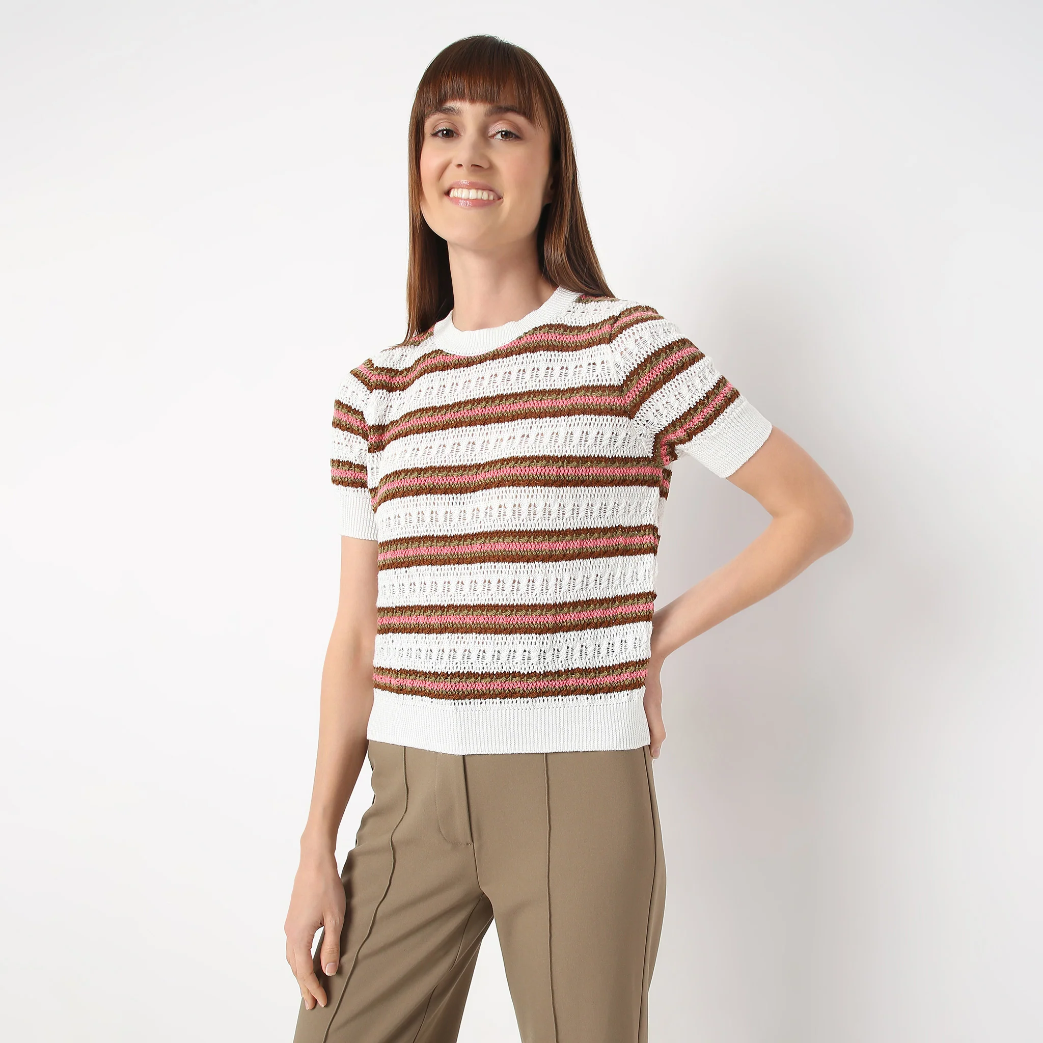 Crew Neck Short Sleeve Kniited Structured Stripped T-Shirt - Image 2