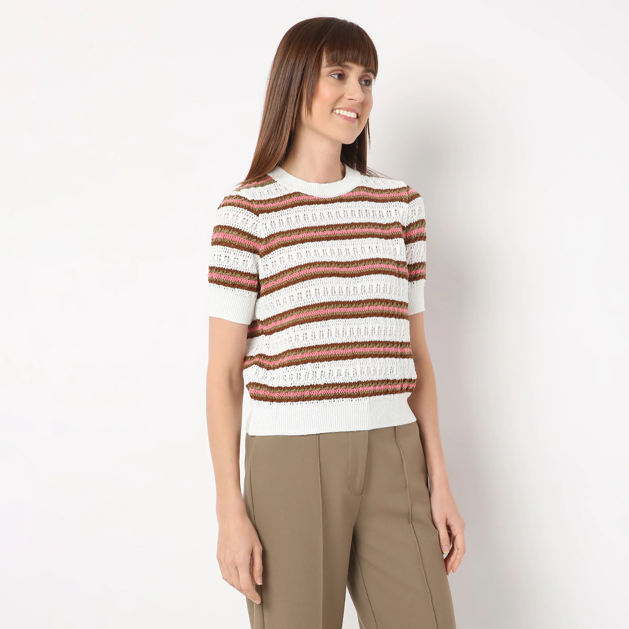 Crew Neck Short Sleeve Kniited Structured Stripped T-Shirt - Image 3
